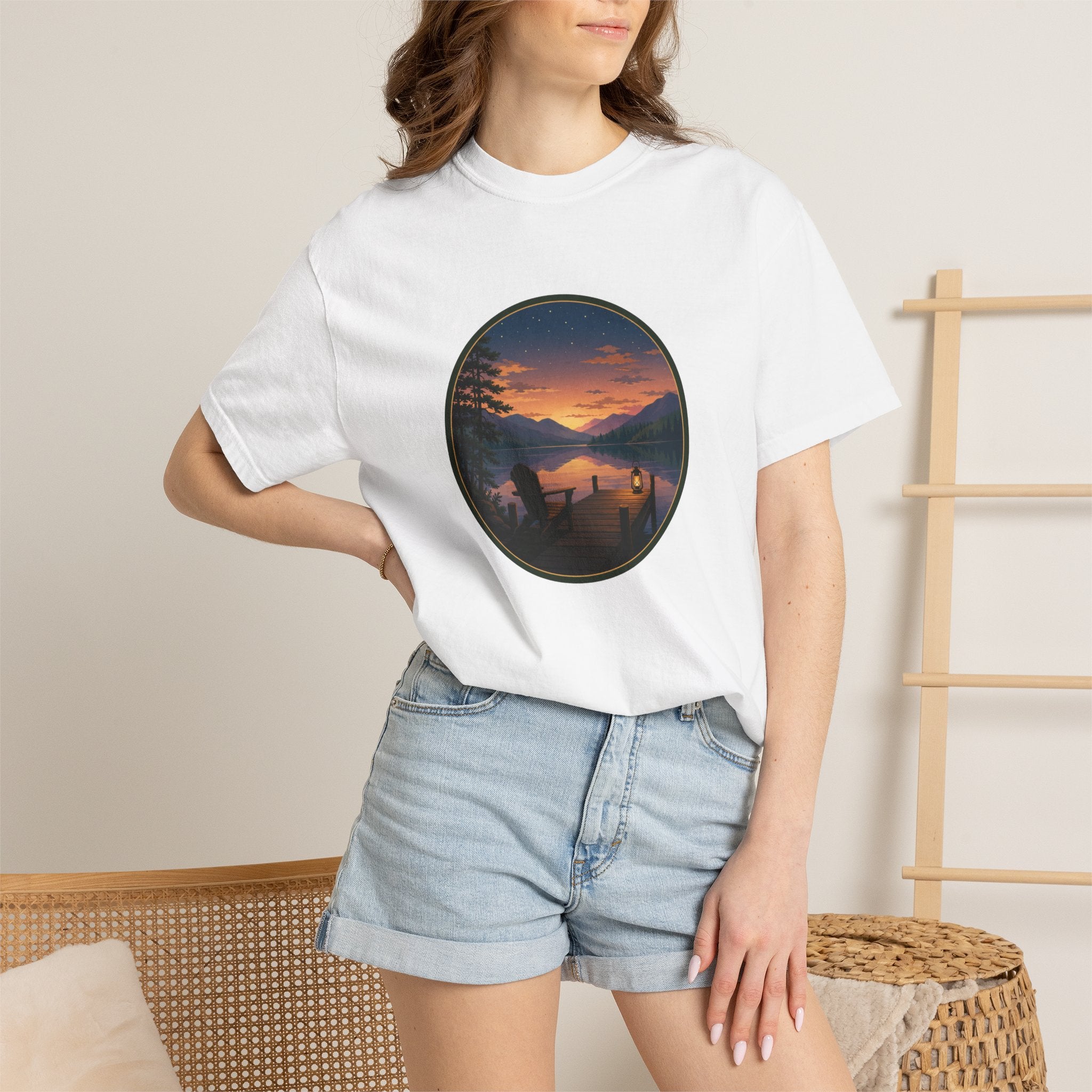 Sunset Lake Camping T-Shirt — Scenic Mountain Lantern Graphic