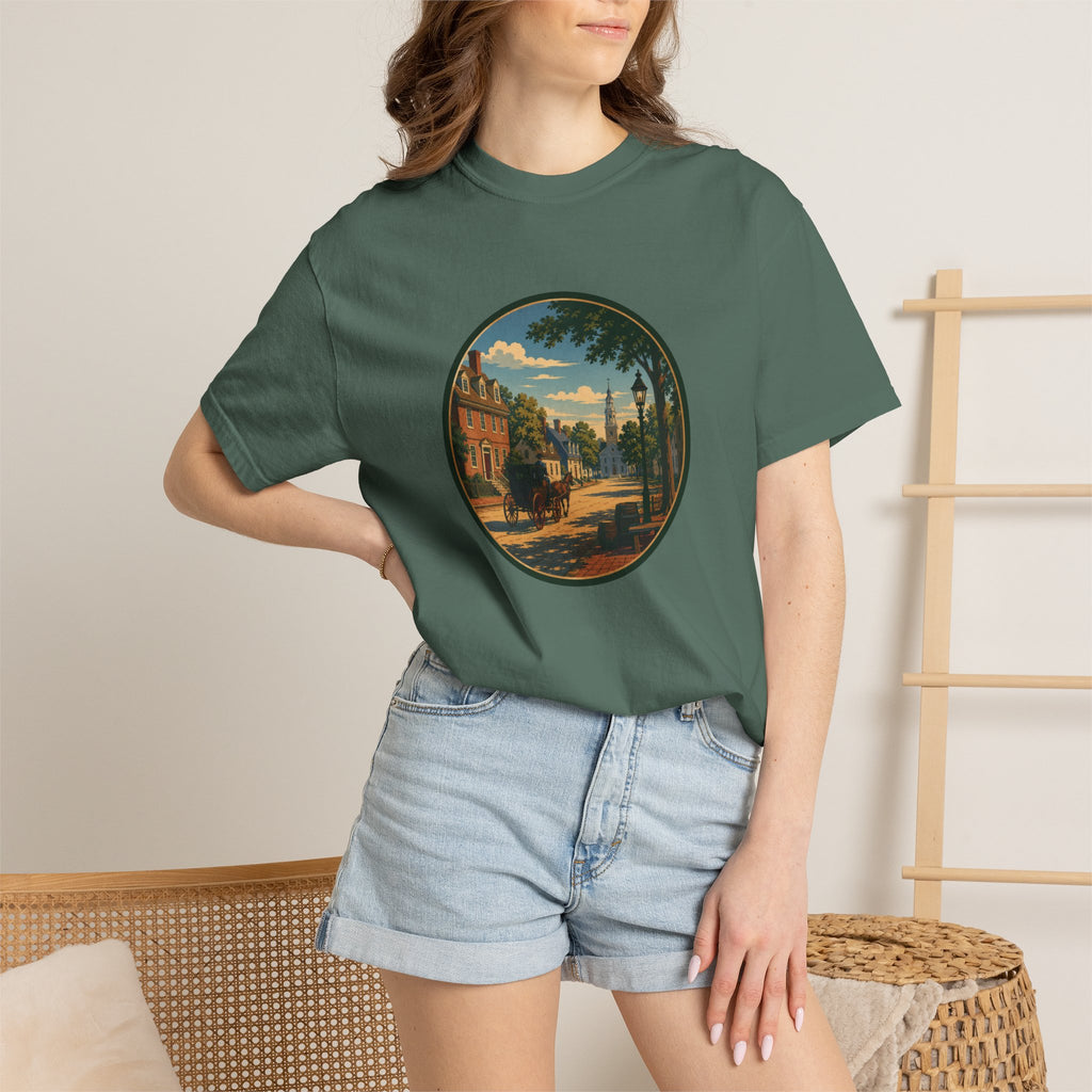 Colonial Carriage Ride T-Shirt — Retro Scenic Circle Print