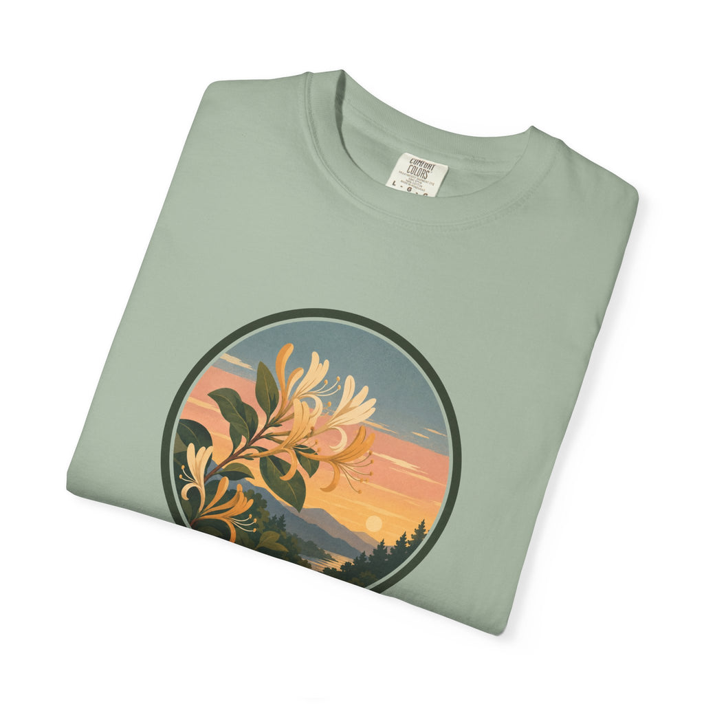 Sunset Honeysuckle T-Shirt — Floral Sunset Circle Graphic Tee
