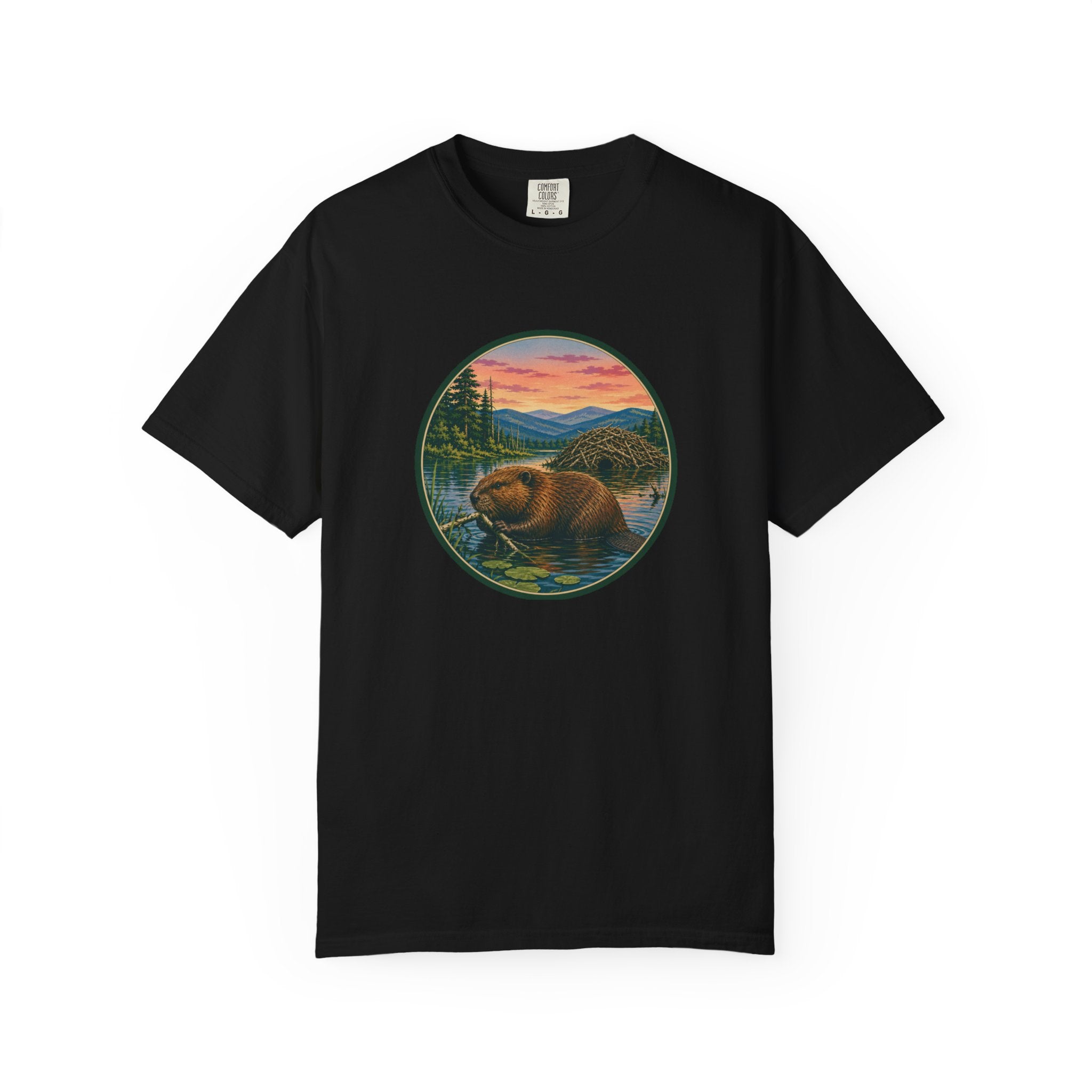 Beaver Sunset T-Shirt — Mountain Lake Wildlife Graphic Tee