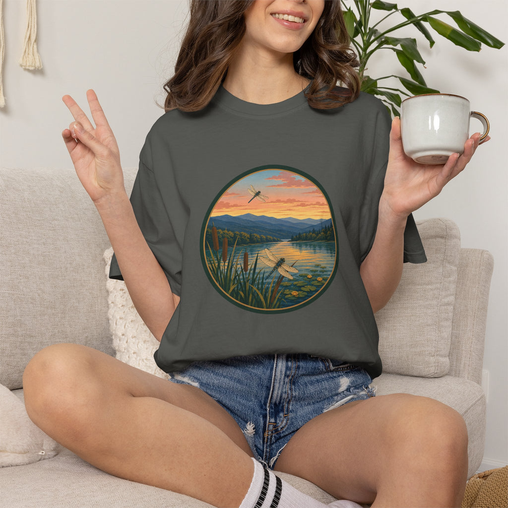 Dragonfly Sunset Lake Scene T-Shirt — Scenic Mountain Nature Tee