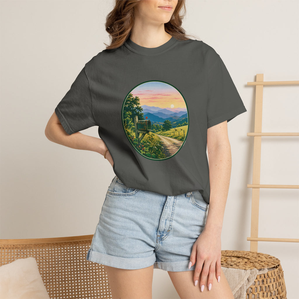Scenic Backroad Sunset T-Shirt — Vintage Mailbox Circle Landscape Tee