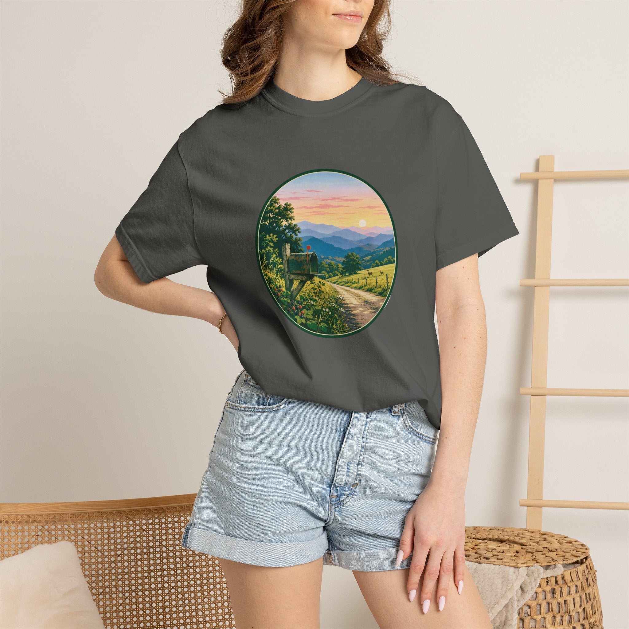 Scenic Backroad Sunset T-Shirt — Vintage Mailbox Circle Landscape Tee
