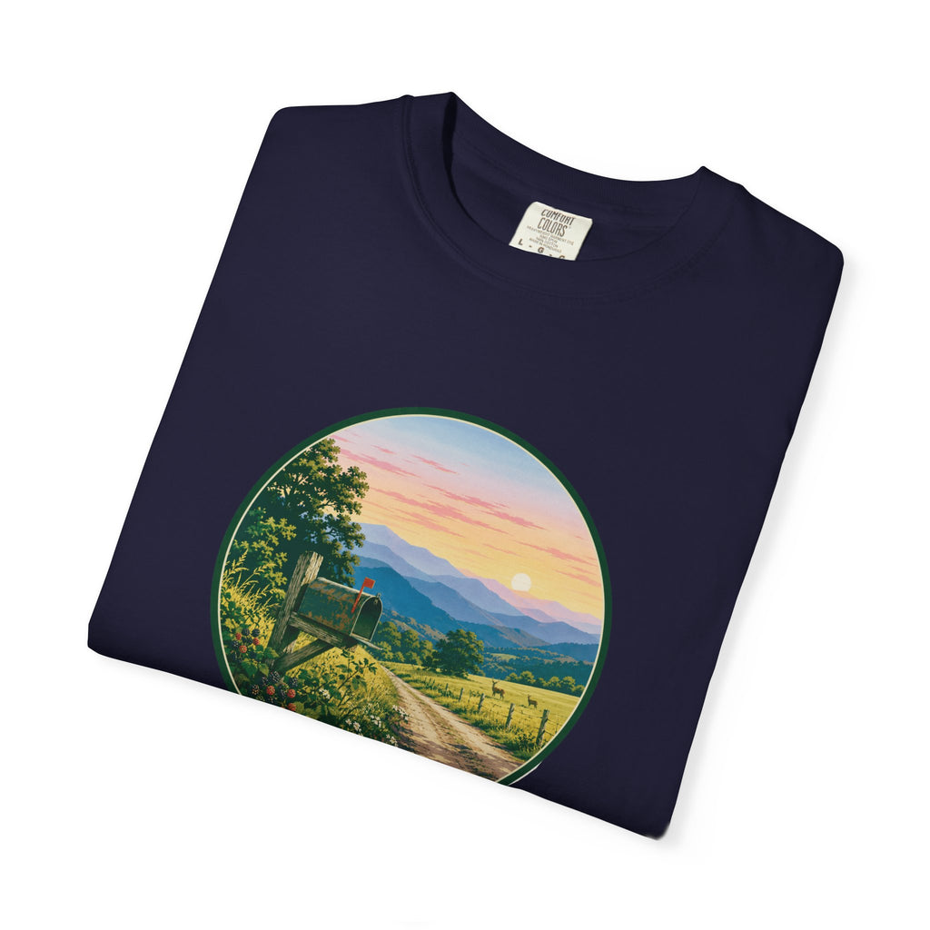 Scenic Backroad Sunset T-Shirt — Vintage Mailbox Circle Landscape Tee