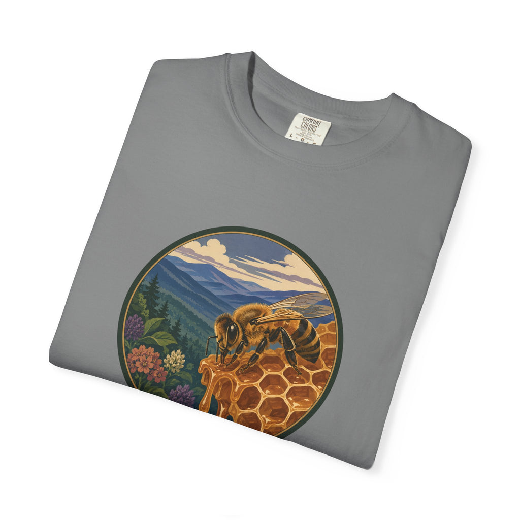 Honey Bee & Mountains Graphic T-Shirt — Honeycomb Nature Illustration