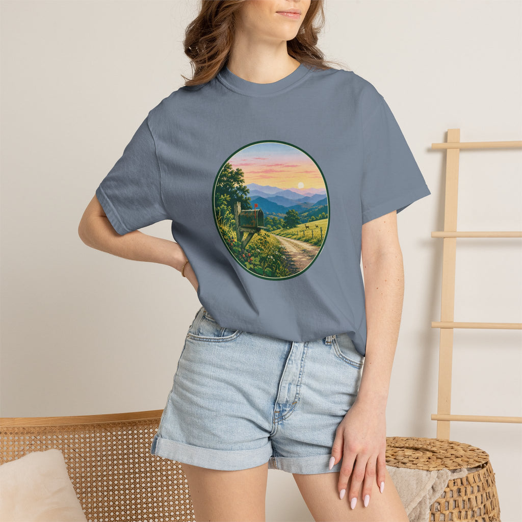 Scenic Backroad Sunset T-Shirt — Vintage Mailbox Circle Landscape Tee