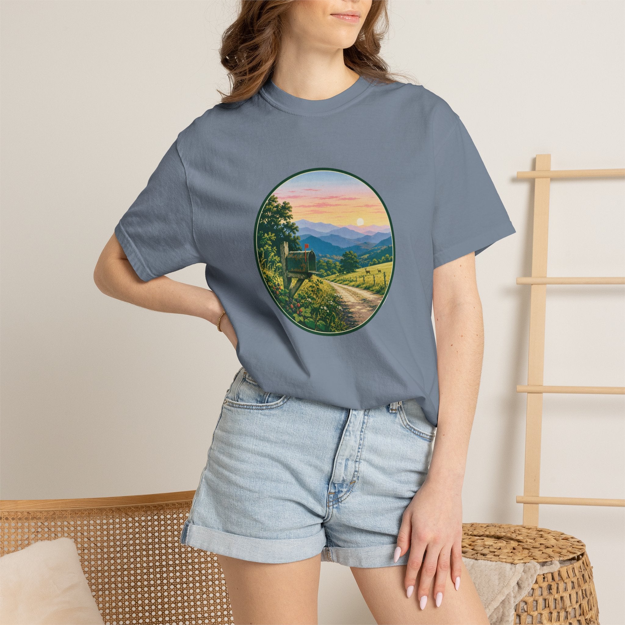 Scenic Backroad Sunset T-Shirt — Vintage Mailbox Circle Landscape Tee