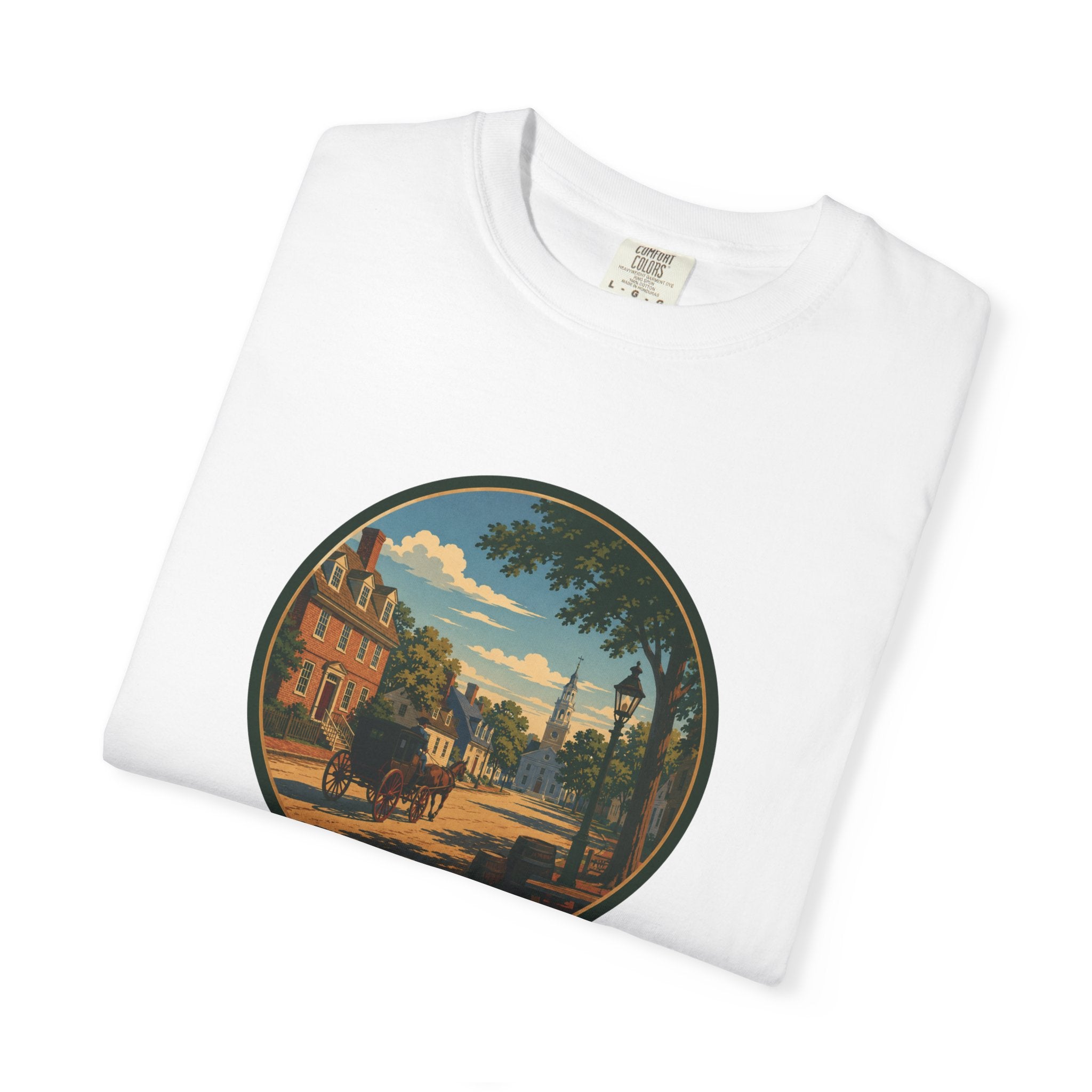 Colonial Carriage Ride T-Shirt — Retro Scenic Circle Print