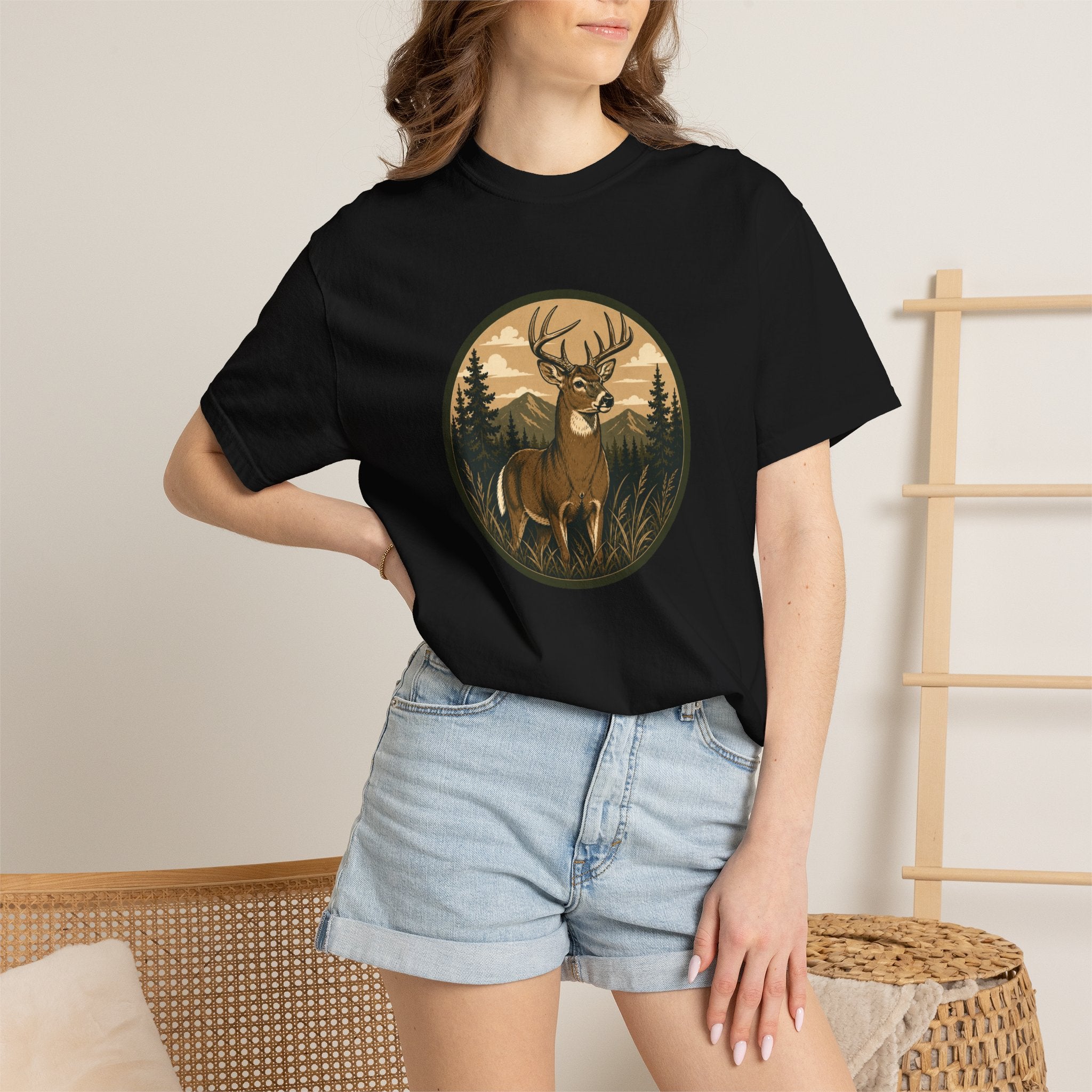 Buck in the Pines T-Shirt — Vintage Deer Forest Graphic Tee