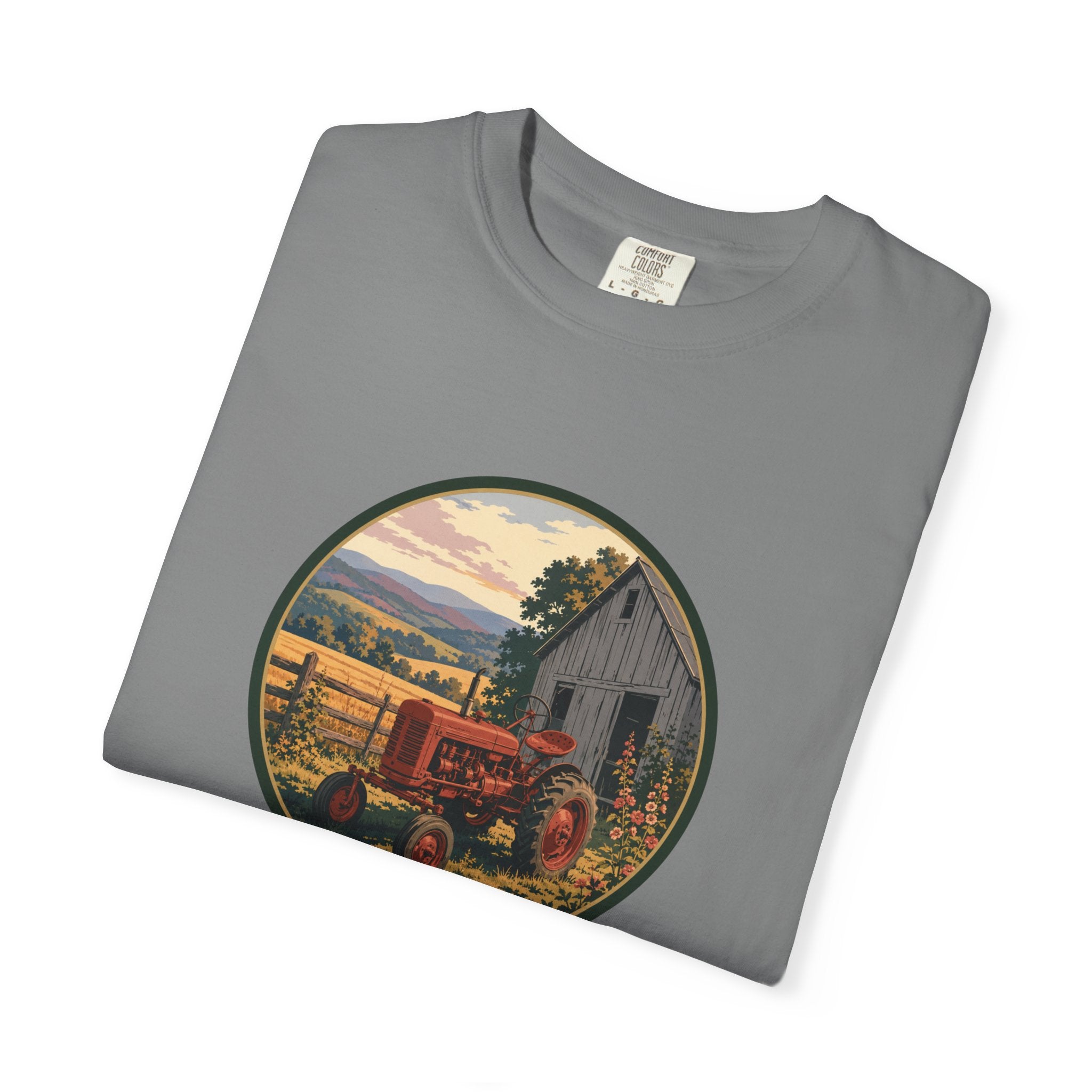 Vintage Farm Tractor T-Shirt — Rustic Barnyard Sunset Graphic Tee