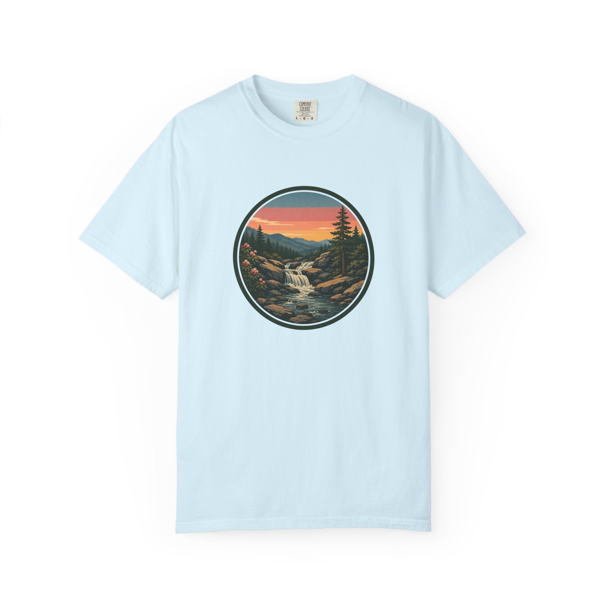 Scenic Waterfall T‑Shirt — Sunset Wilderness Nature Graphic