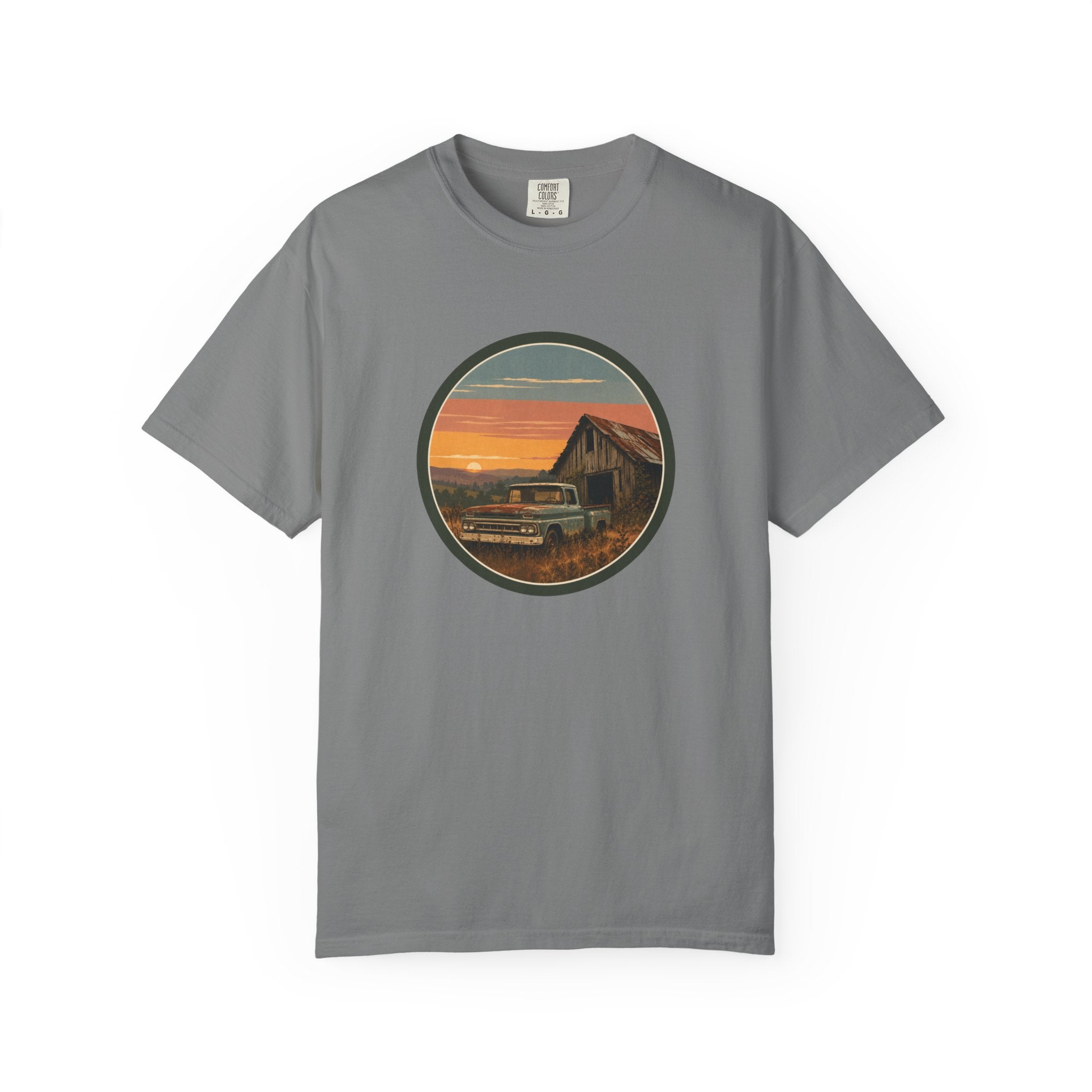 Vintage Sunset Barn T-Shirt — Retro Truck Farm Scene