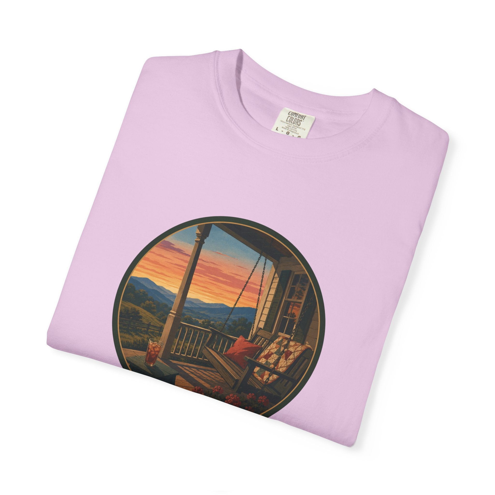 Sunset Porch Circle T-Shirt — Scenic Porch Swing Graphic Tee
