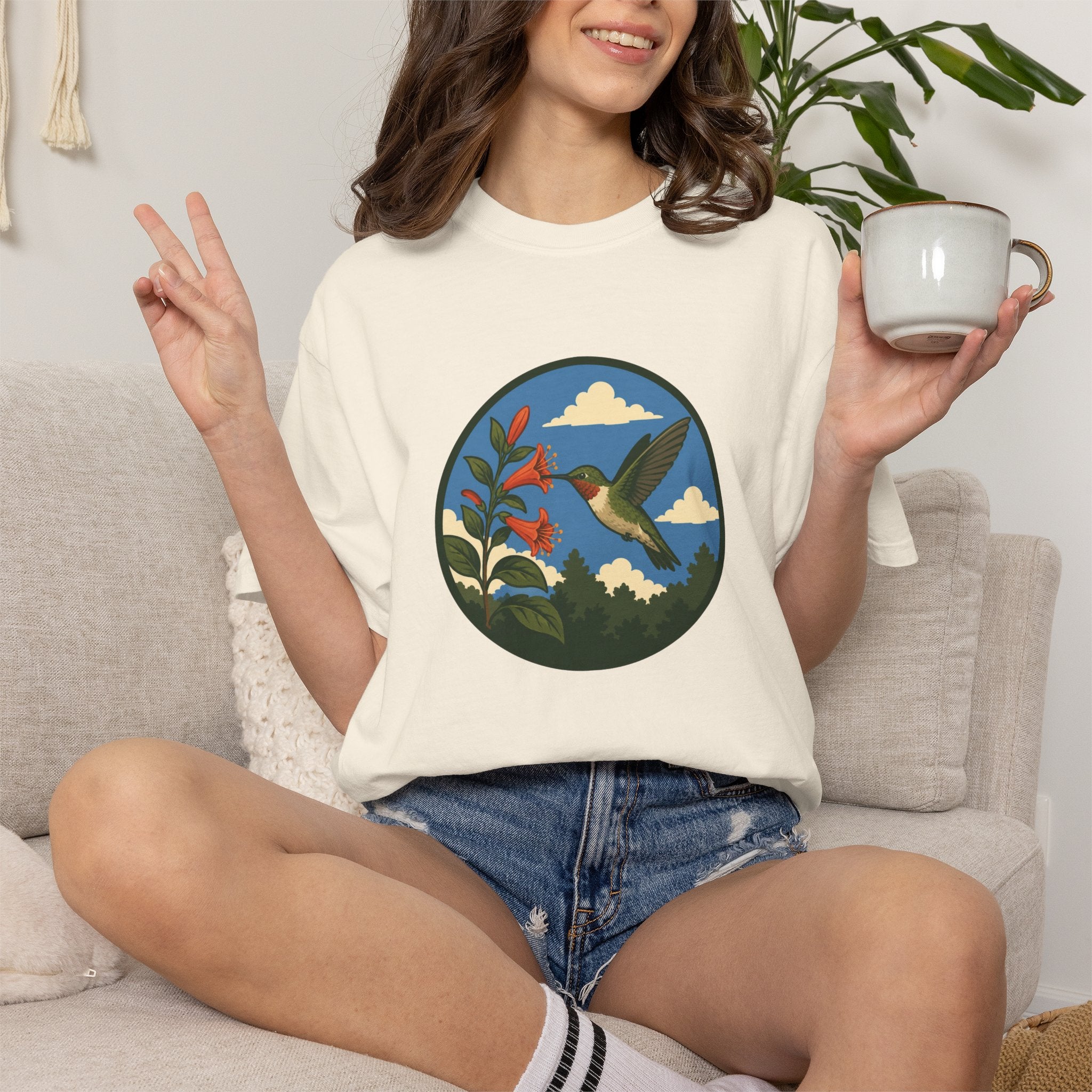 Hummingbird Circle Graphic T-Shirt — Floral Nature Tee