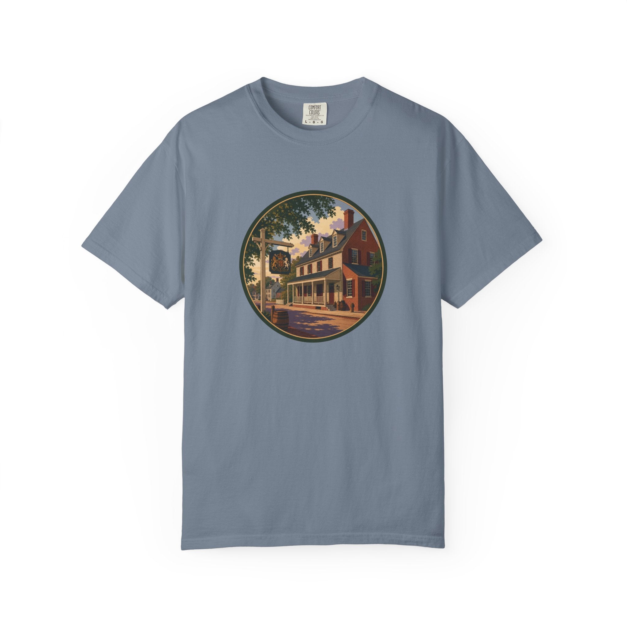 Historic Main Street Tavern T-Shirt — Colonial Village Scene Tee