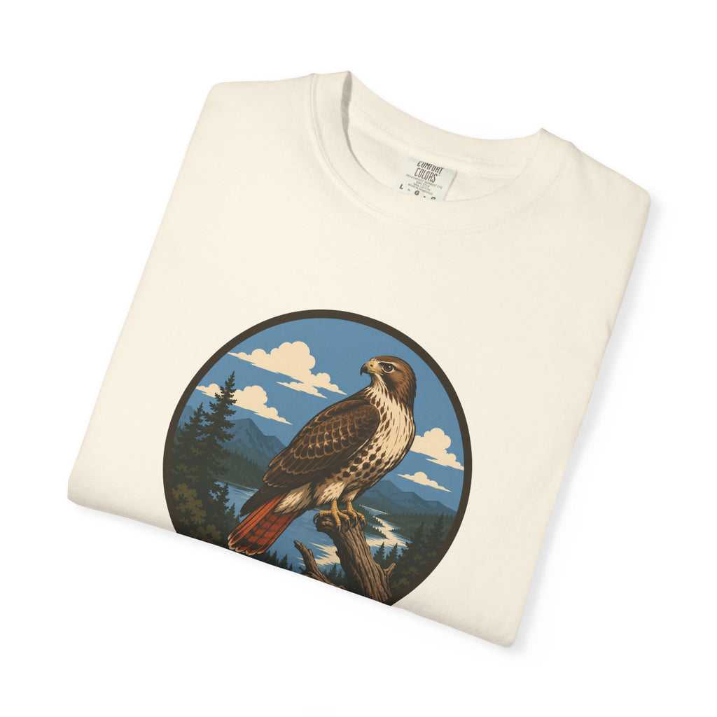 Red-Tail Hawk Mountain Circle T-Shirt — Vintage Hawk Nature Graphic Tee