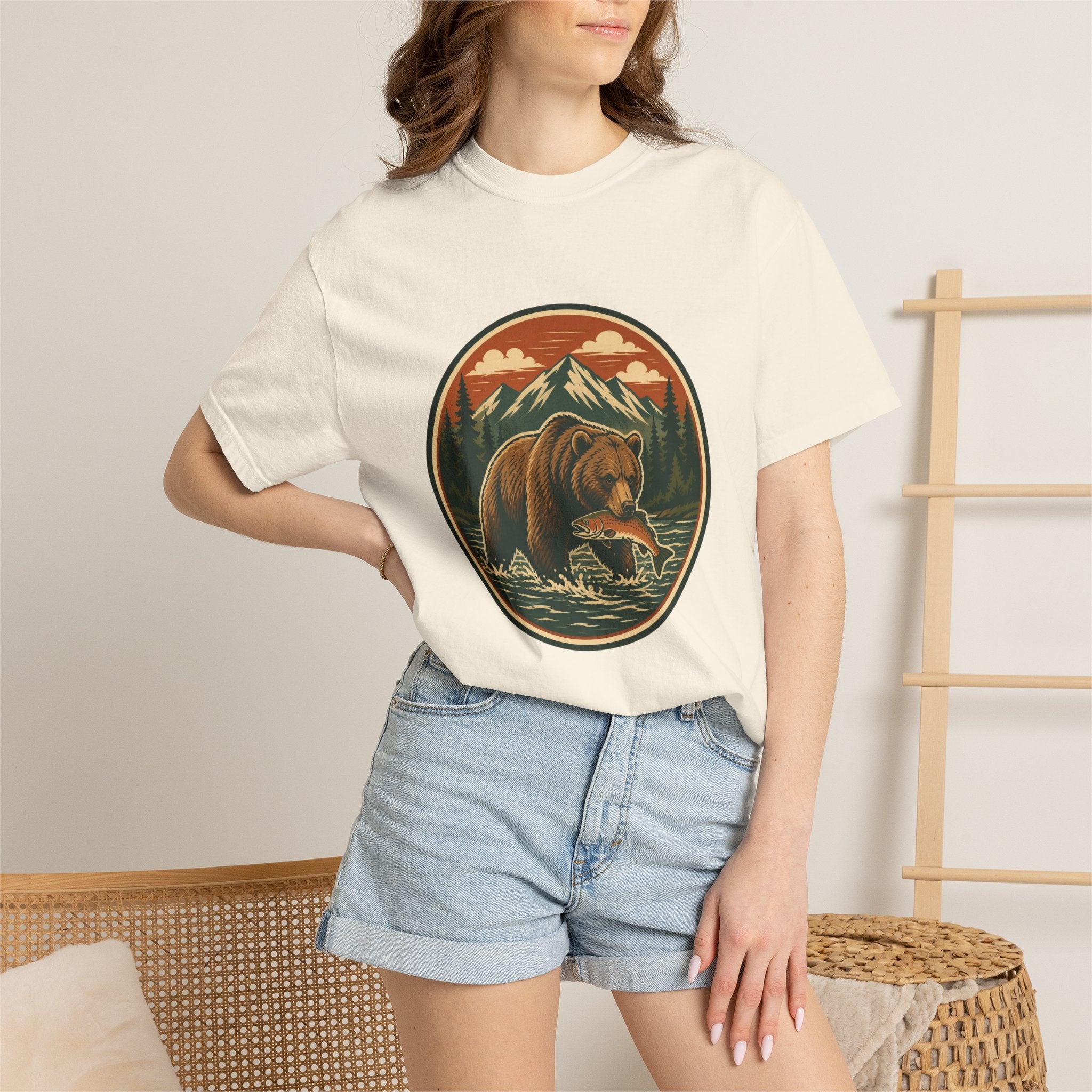 Bear Fishing Mountain T-Shirt — Retro Wilderness Outdoor Graphic Tee