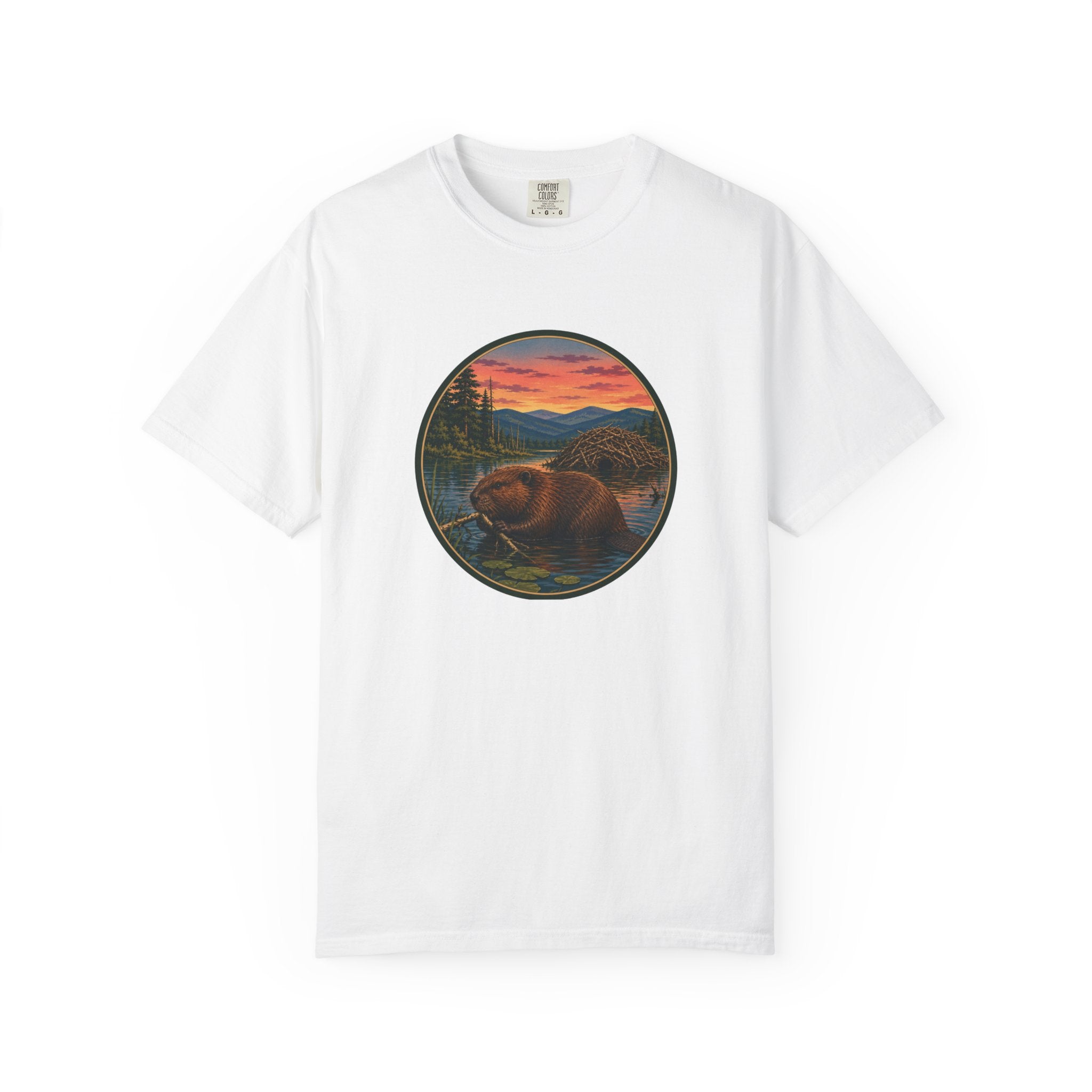 Beaver Sunset T-Shirt — Mountain Lake Wildlife Graphic Tee