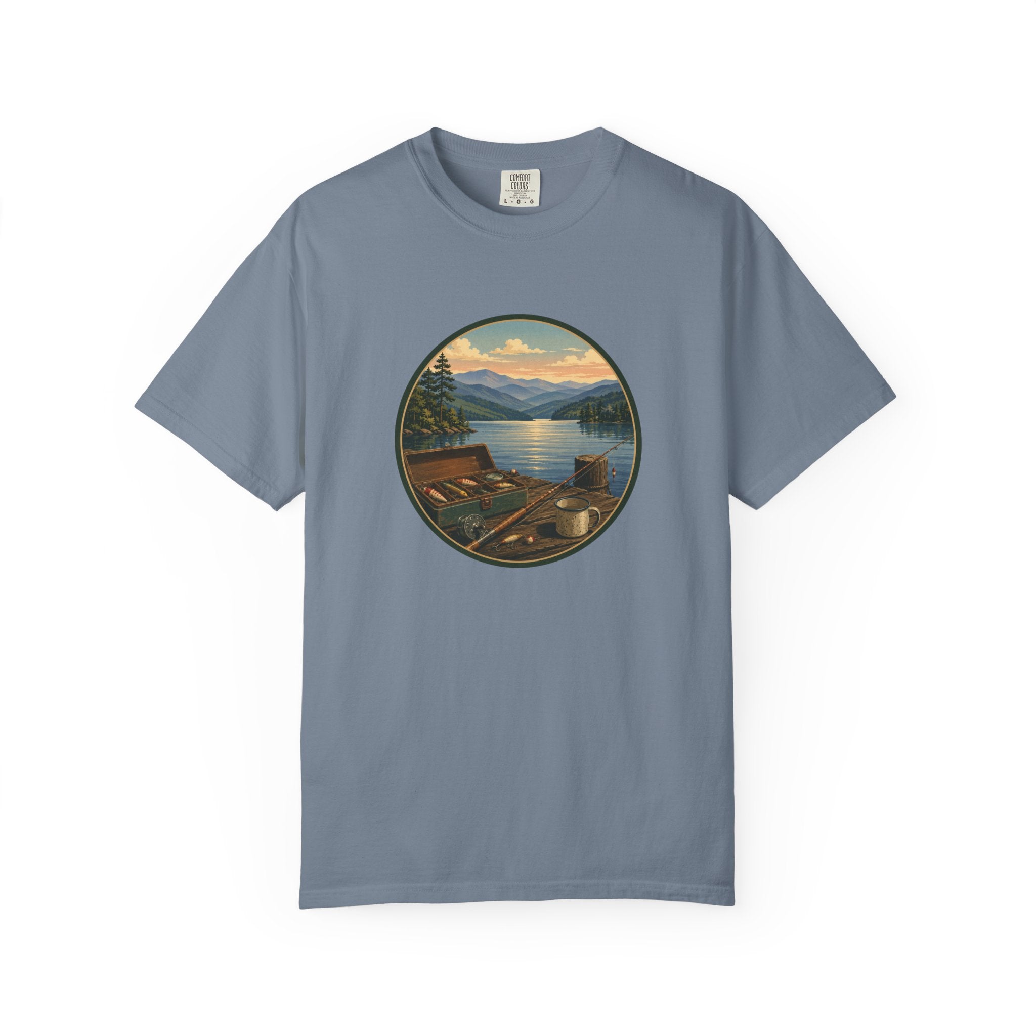 Vintage Fishing Tackle T-Shirt — Mountain View Dock Scene Tee