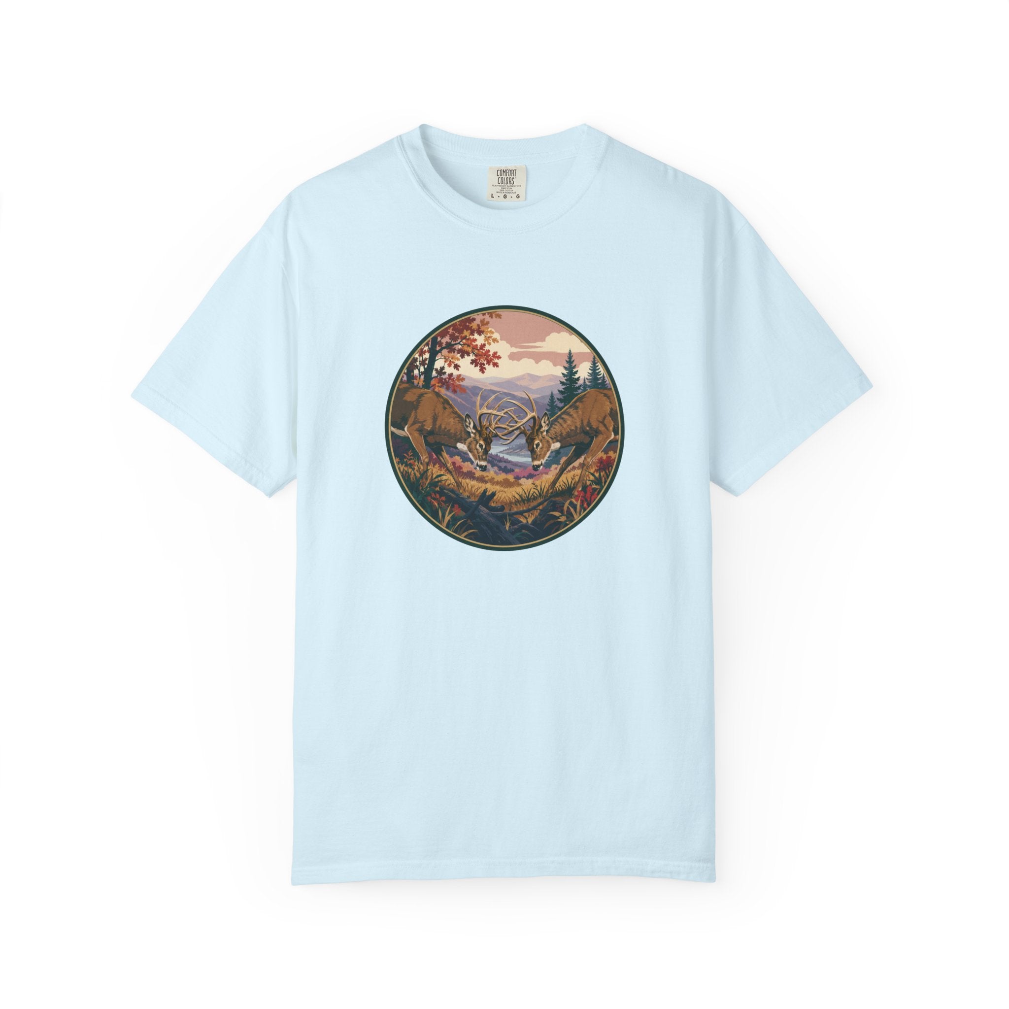 Scenic Wilderness Circle T-Shirt — Mountain Camping & Deer Nature Graphic