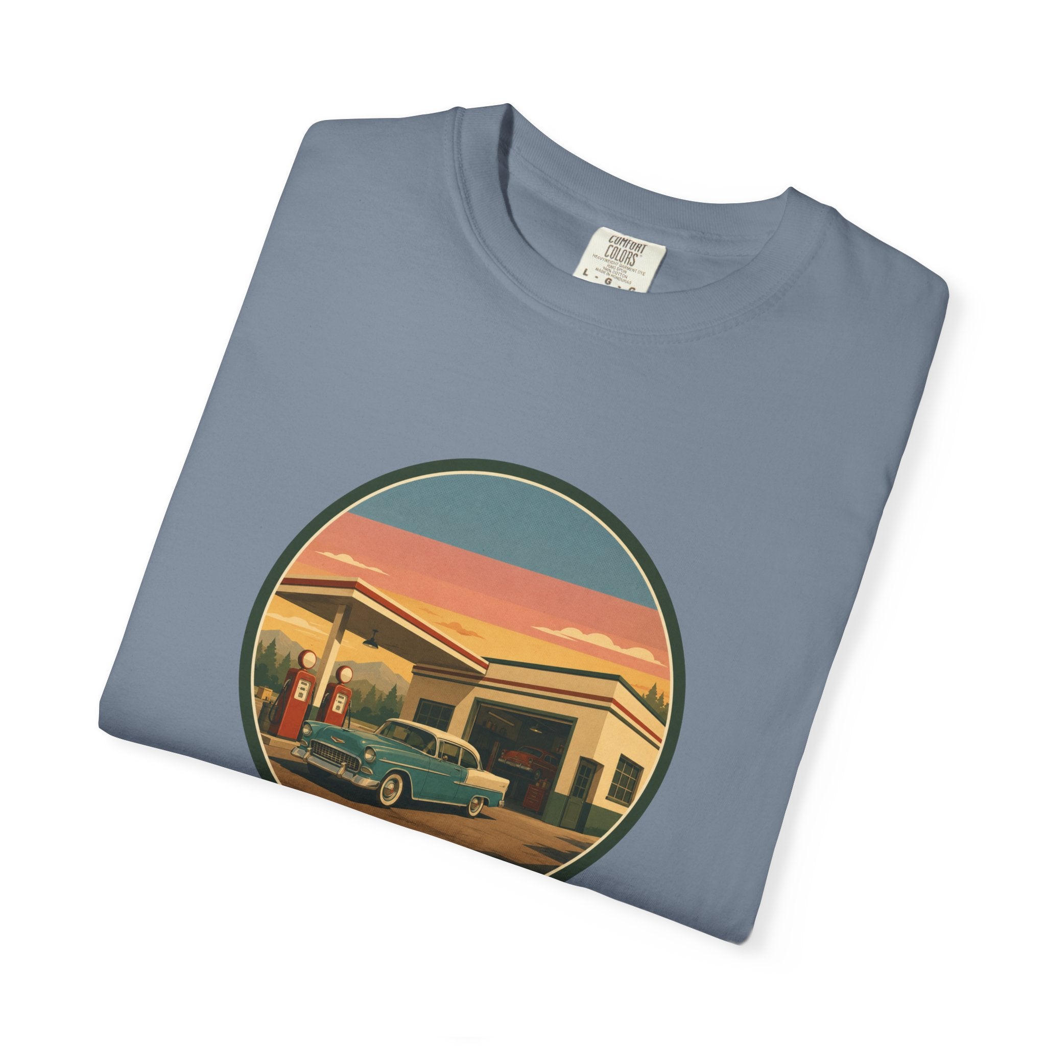 Retro Gas Station T-Shirt — Vintage Sunset Roadside Design