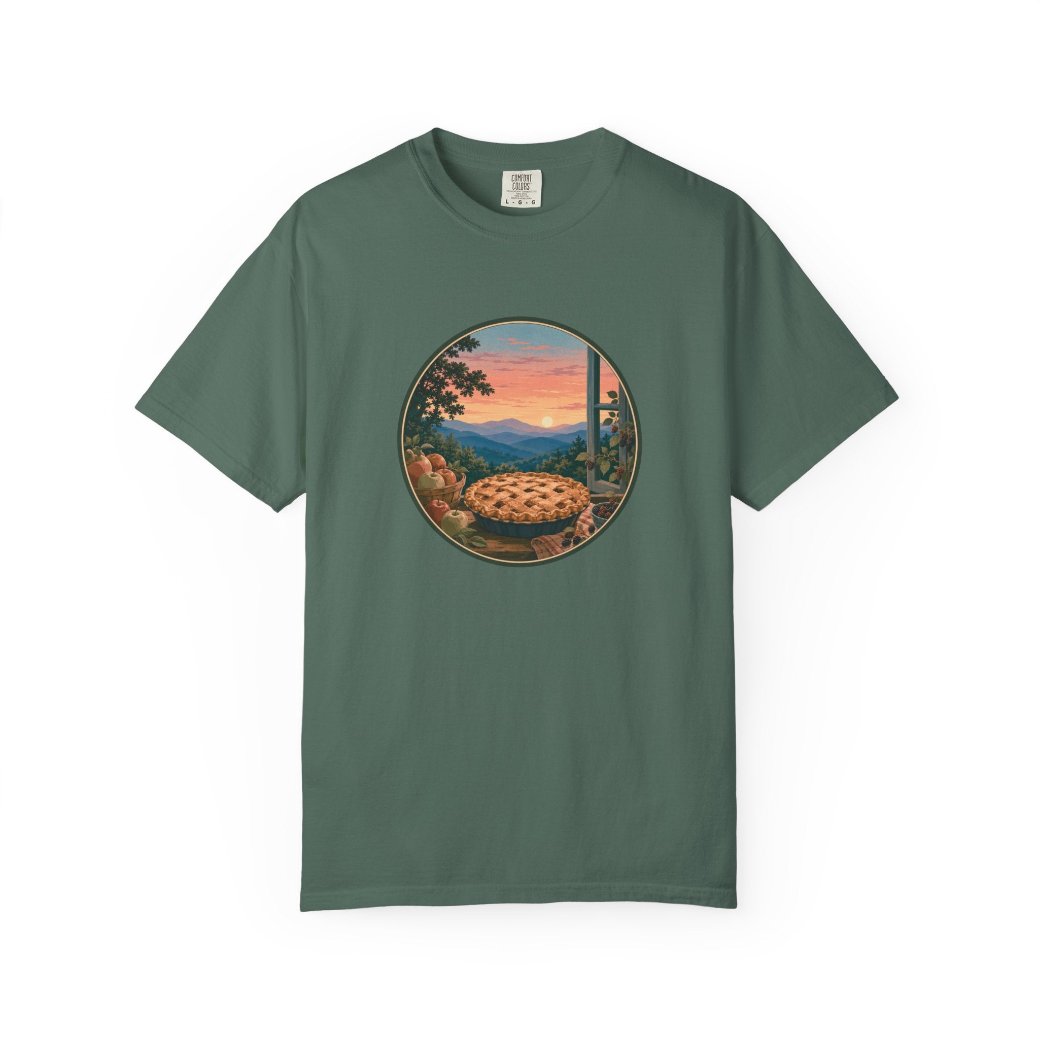 Scenic Pie Window T-Shirt — Sunset Mountain View Graphic Tee