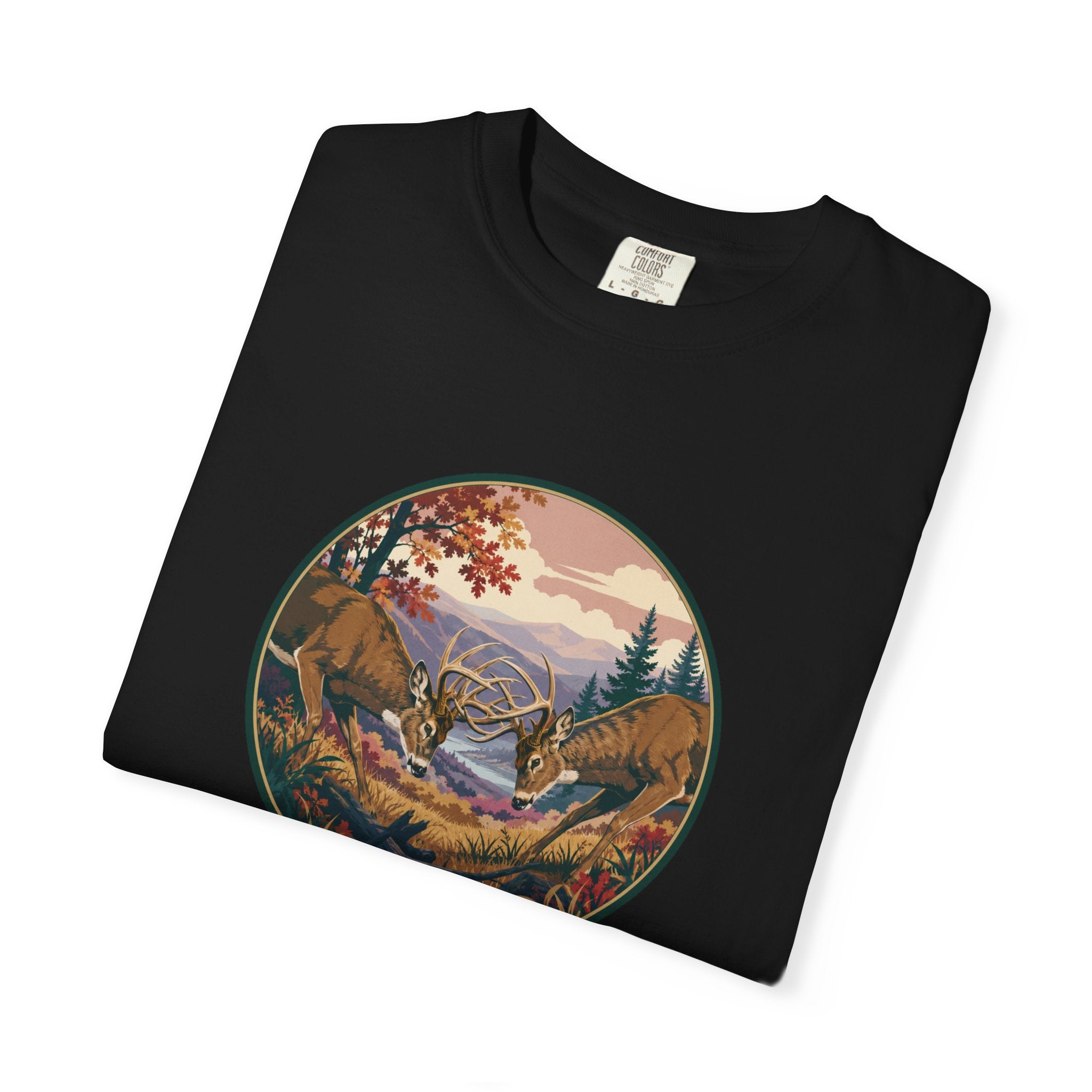 Scenic Wilderness Circle T-Shirt — Mountain Camping & Deer Nature Graphic