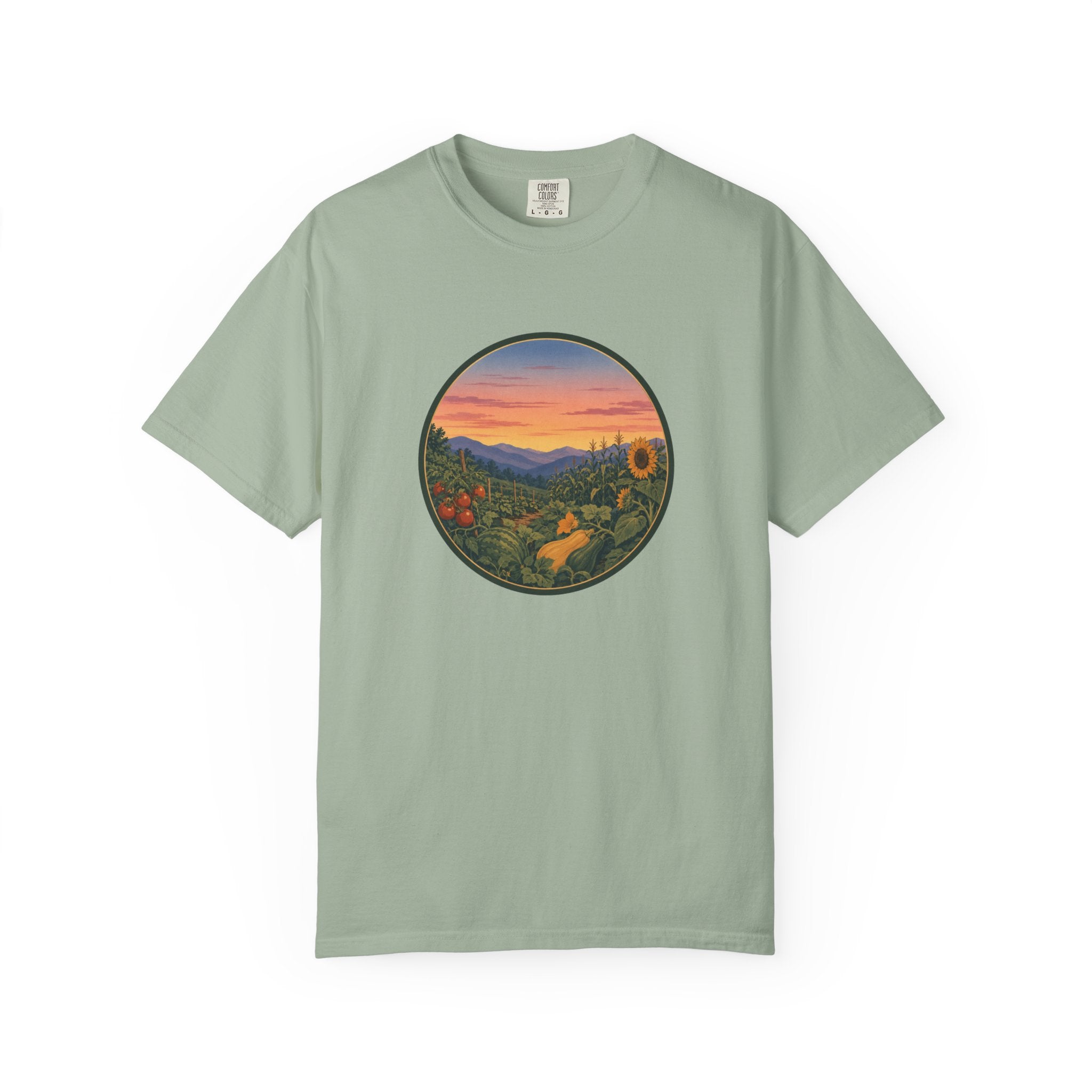 Sunset Mountain Garden T-Shirt — Scenic Fresh Vegetables Landscape Tee
