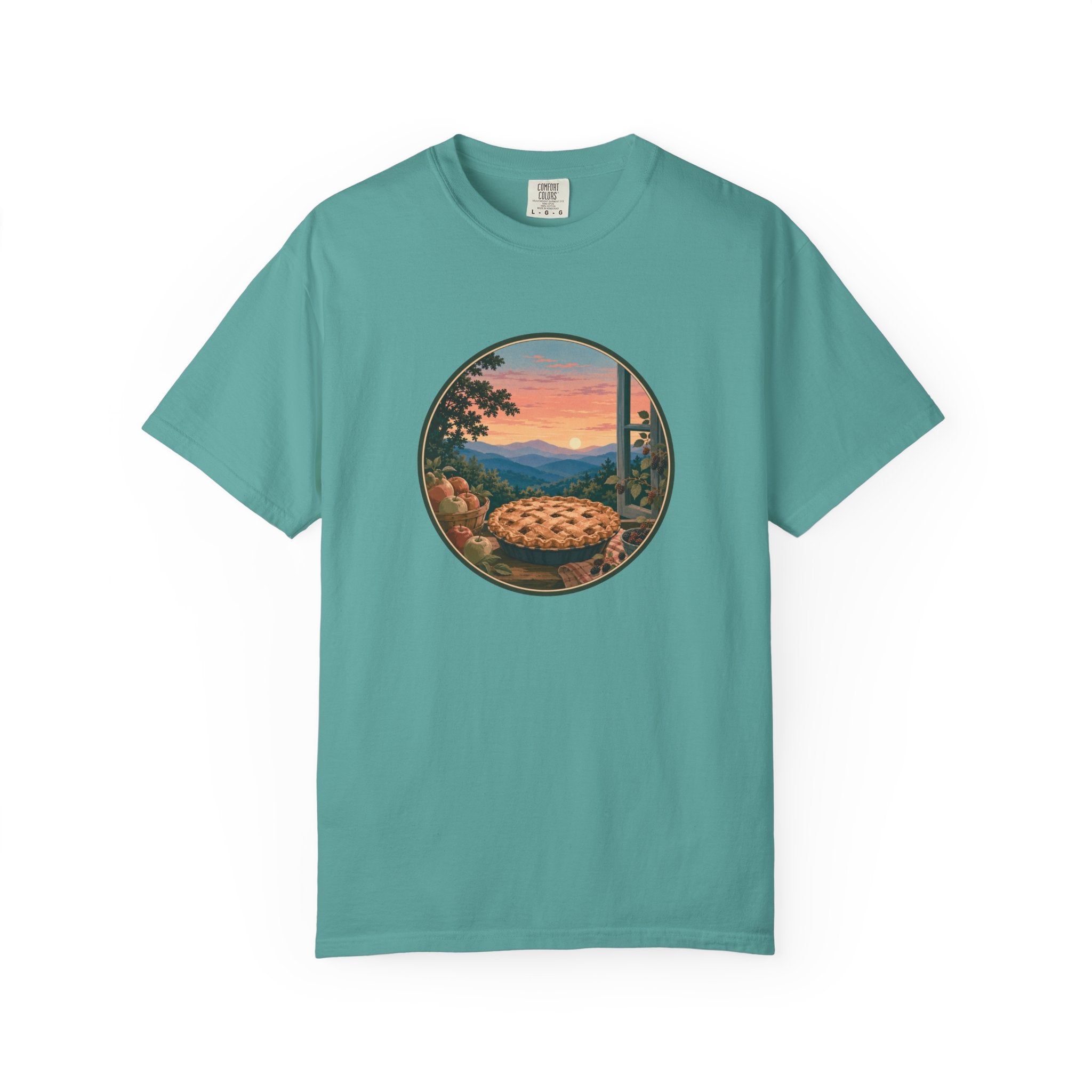 Scenic Pie Window T-Shirt — Sunset Mountain View Graphic Tee