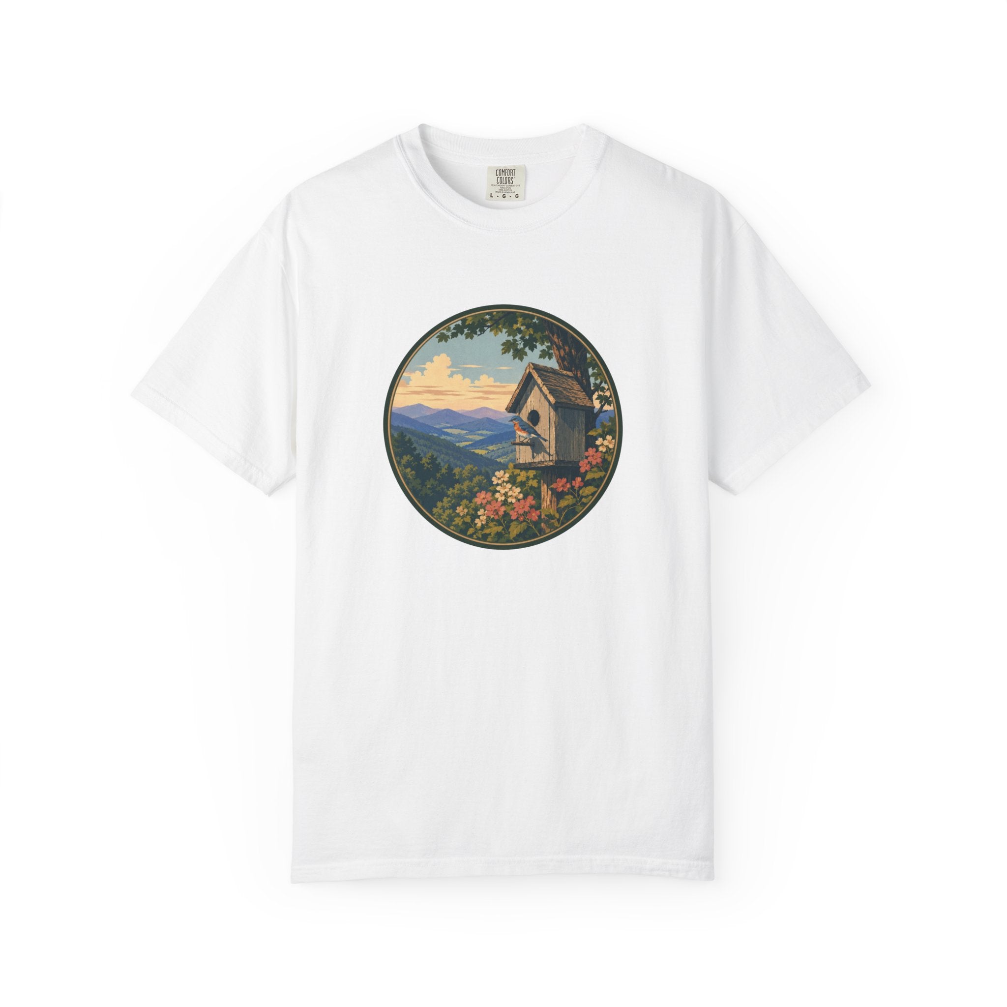 Scenic Birdhouse Tee — Mountain Sunrise Nature T-Shirt