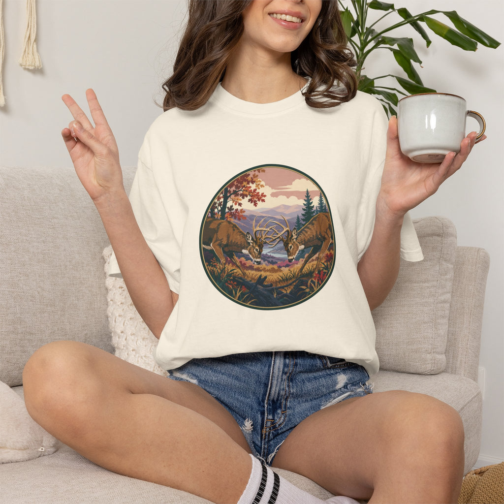 Scenic Wilderness Circle T-Shirt — Mountain Camping & Deer Nature Graphic