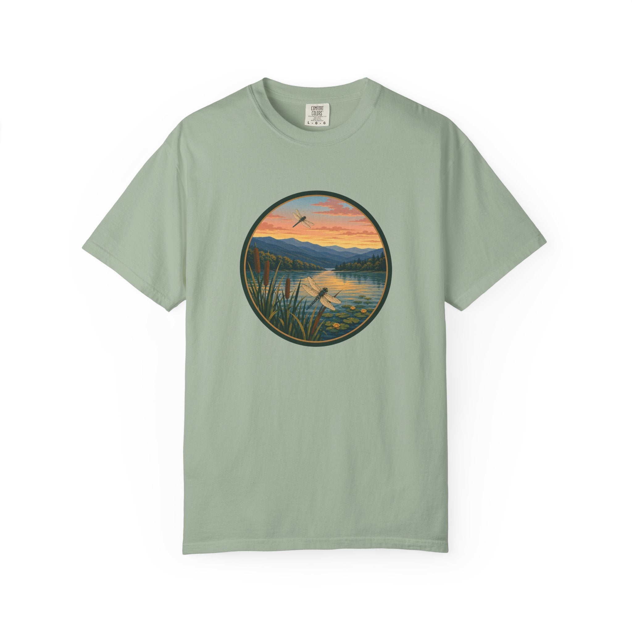 Dragonfly Sunset Lake Scene T-Shirt — Scenic Mountain Nature Tee