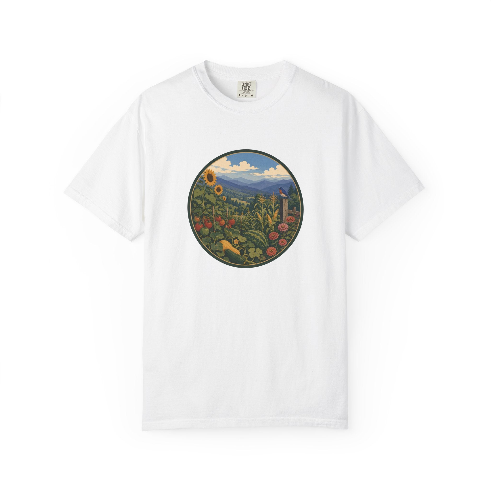 Scenic Garden Circle T-Shirt — Mountain Meadow Fresh Vegetables Graphic Tee