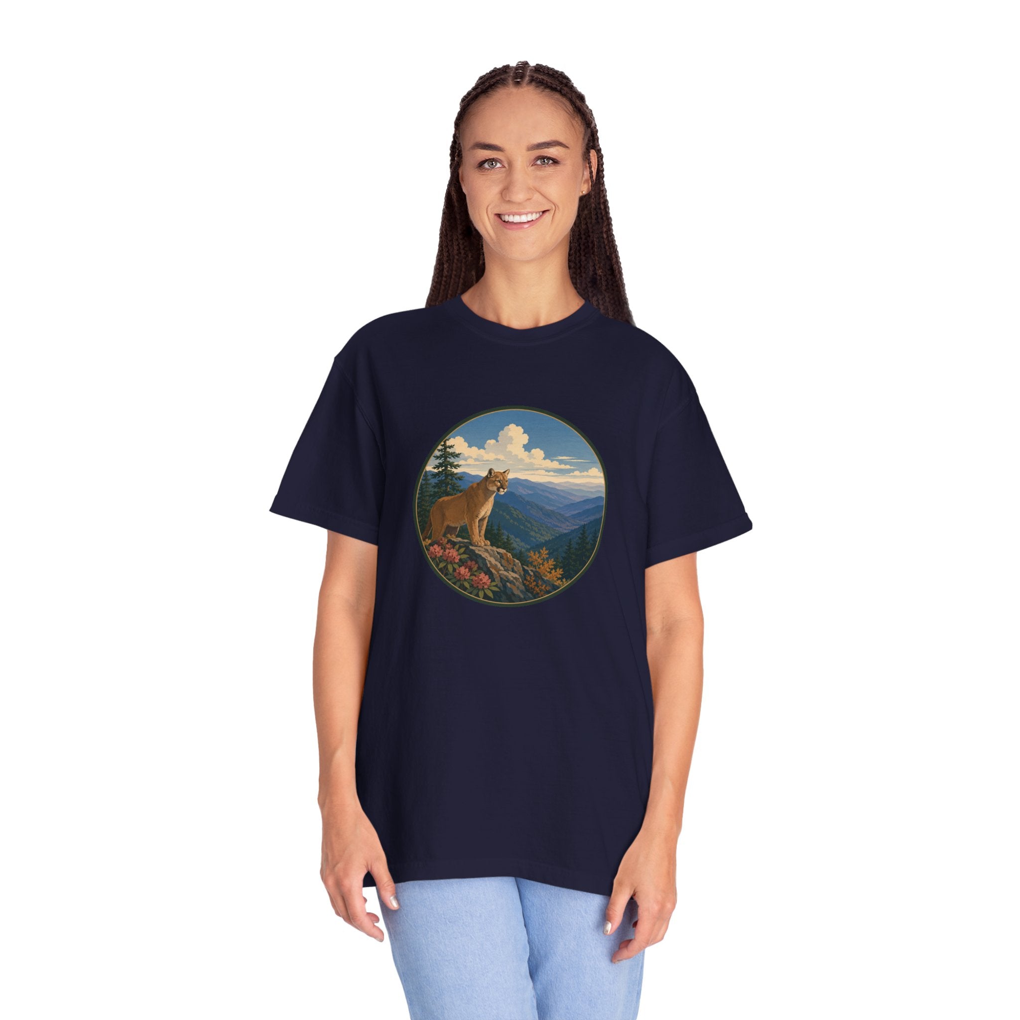 Mountain Lion Scenic T-Shirt — Vintage Nature Wildlife Graphic