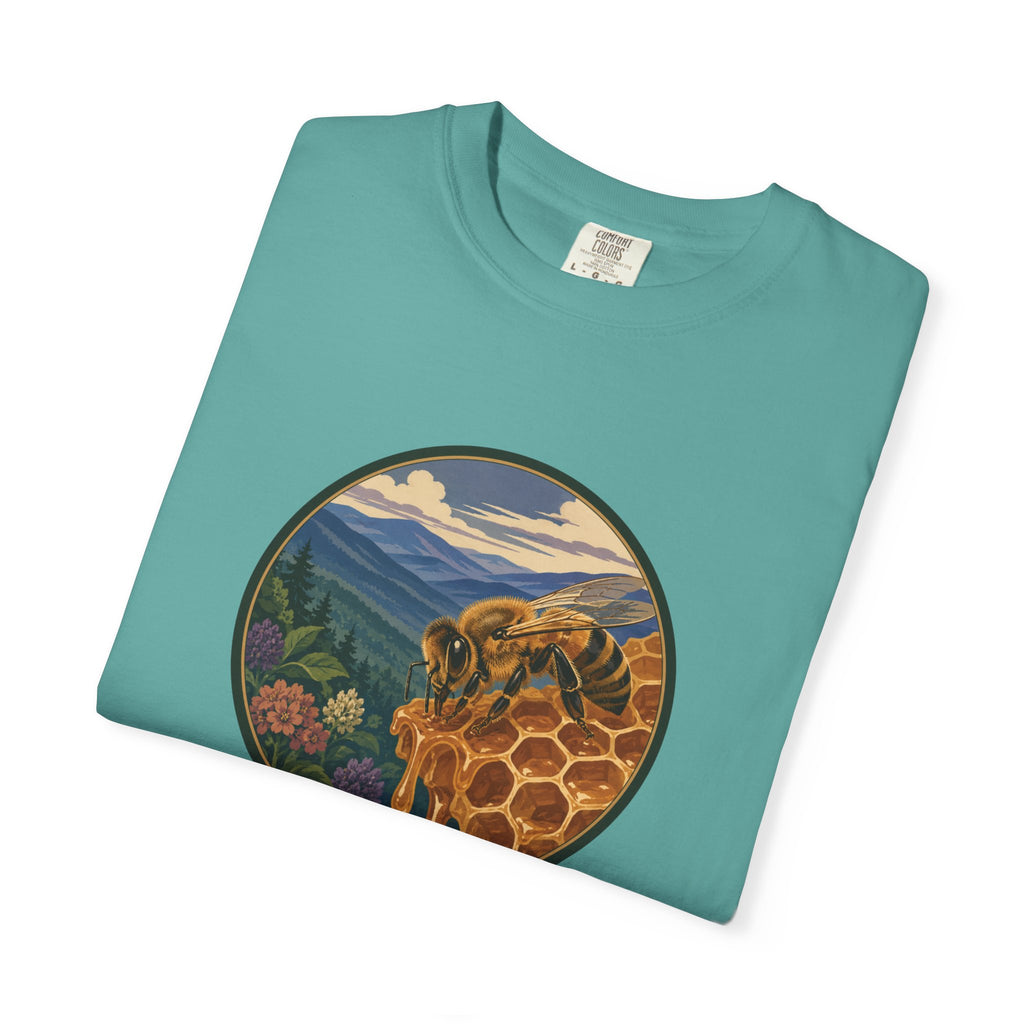 Honey Bee & Mountains Graphic T-Shirt — Honeycomb Nature Illustration