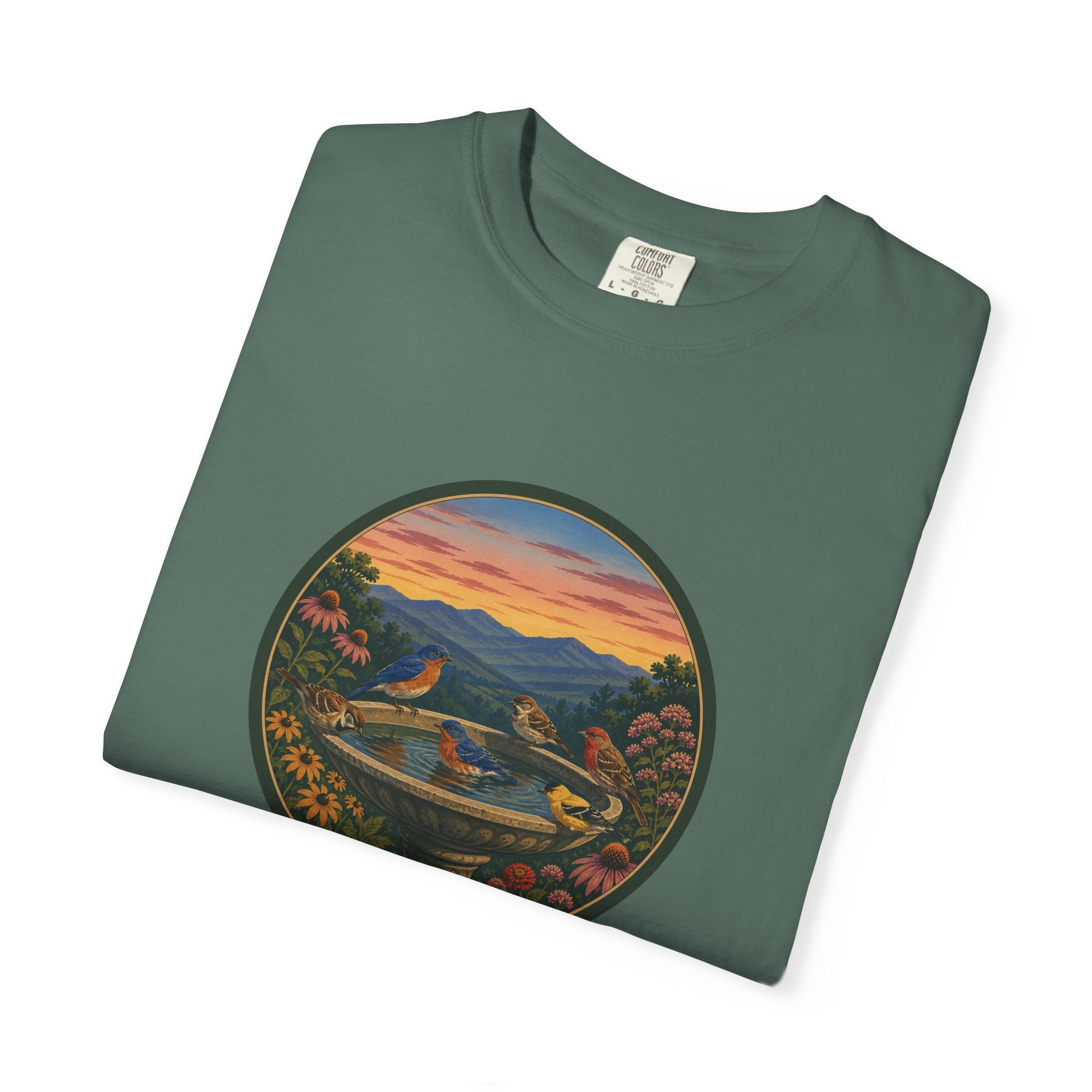 Sunset Garden Tee — Vintage Birdbath Landscape T-Shirt