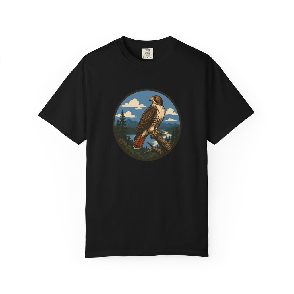 Red-Tail Hawk Mountain Circle T-Shirt — Vintage Hawk Nature Graphic Tee
