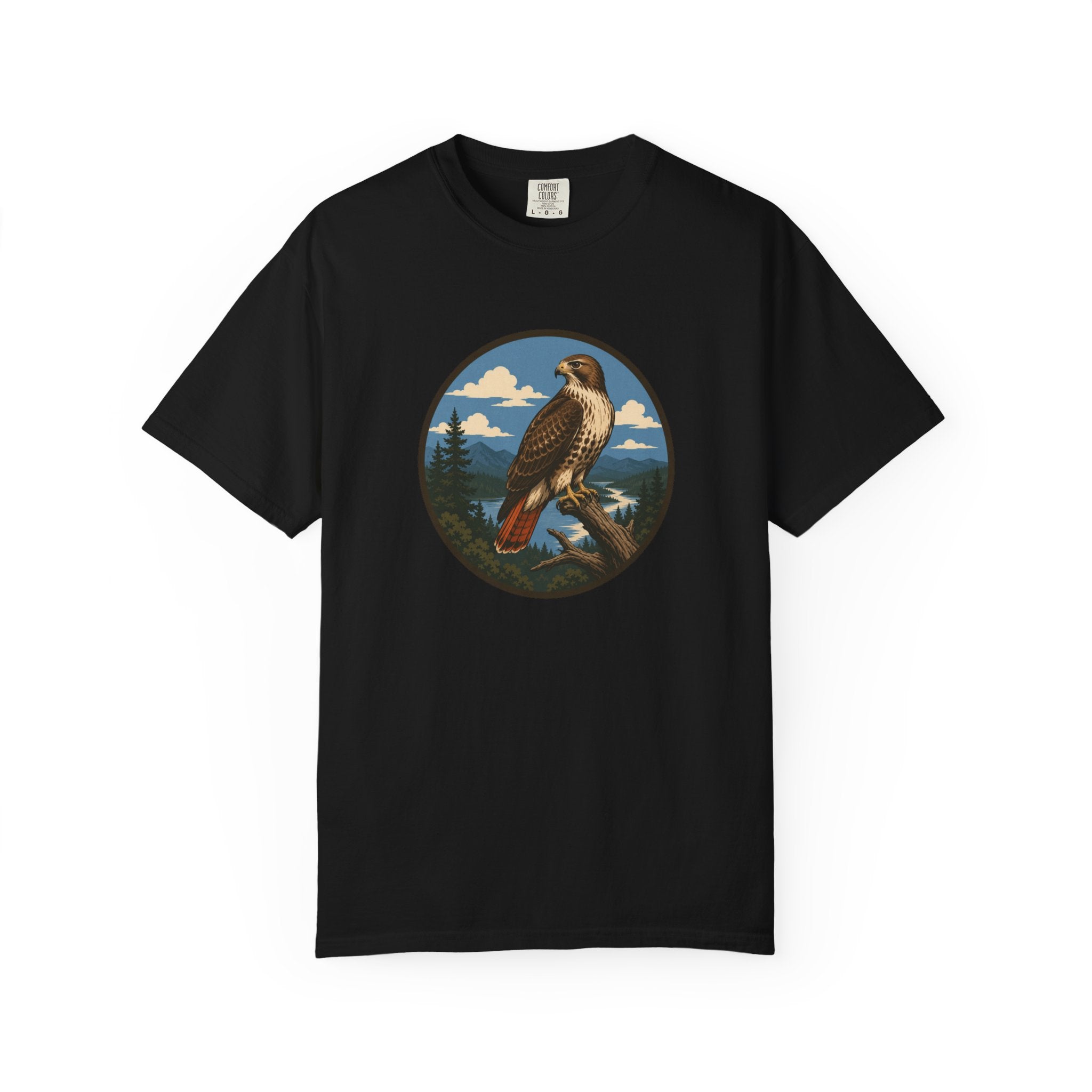 Red-Tail Hawk Mountain Circle T-Shirt — Vintage Hawk Nature Graphic Tee