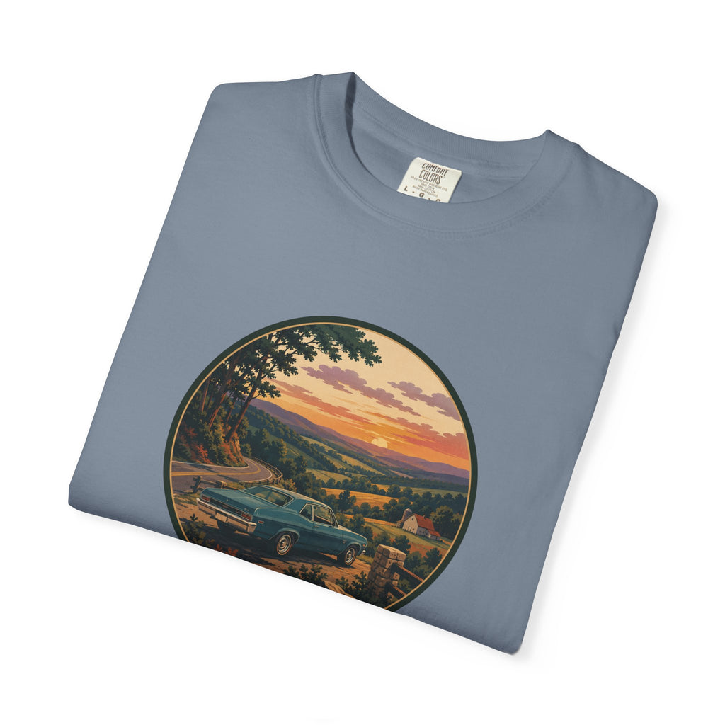 Sunset Valley Classic Car Landscape T-Shirt