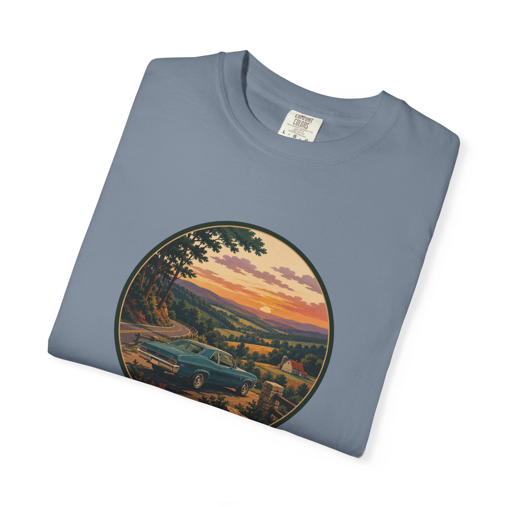 Sunset Valley Classic Car Landscape T-Shirt