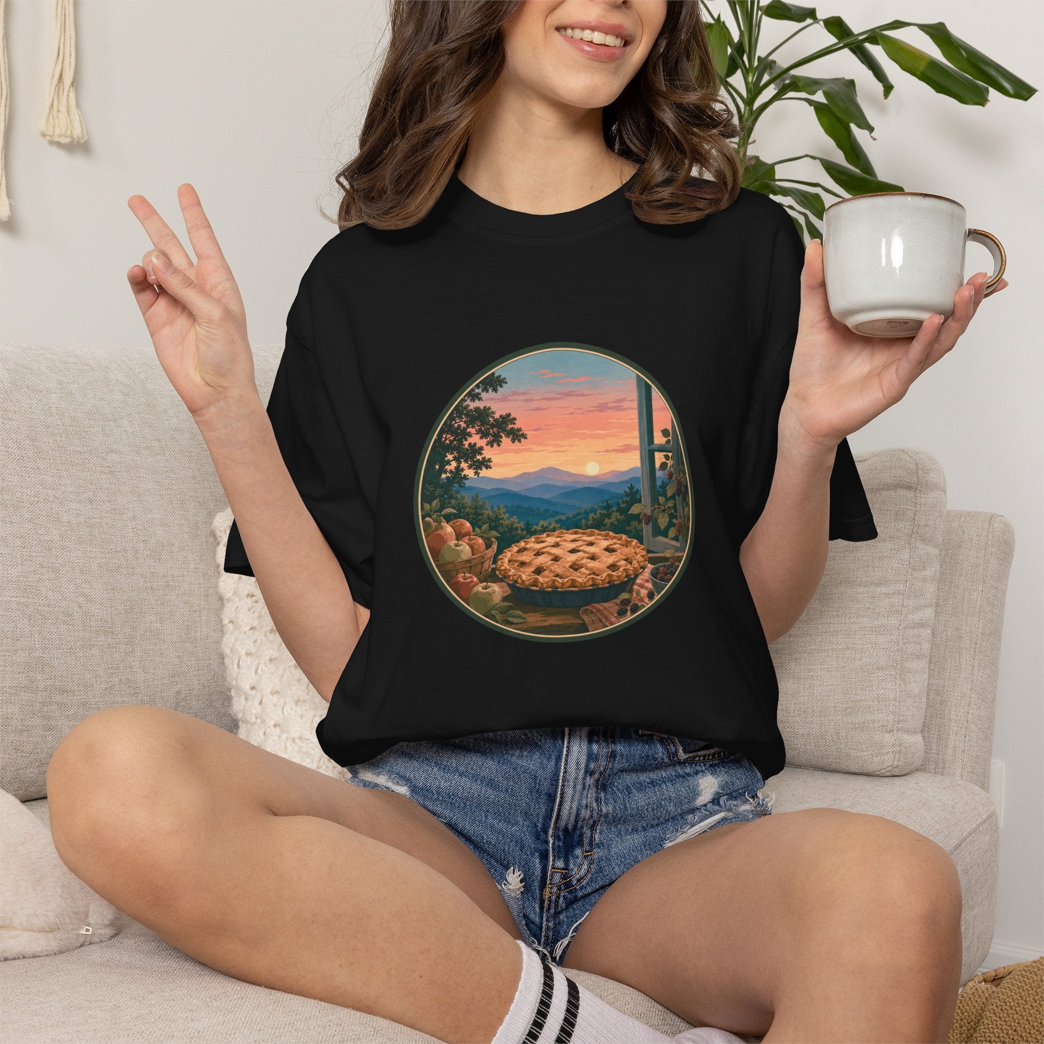 Scenic Pie Window T-Shirt — Sunset Mountain View Graphic Tee