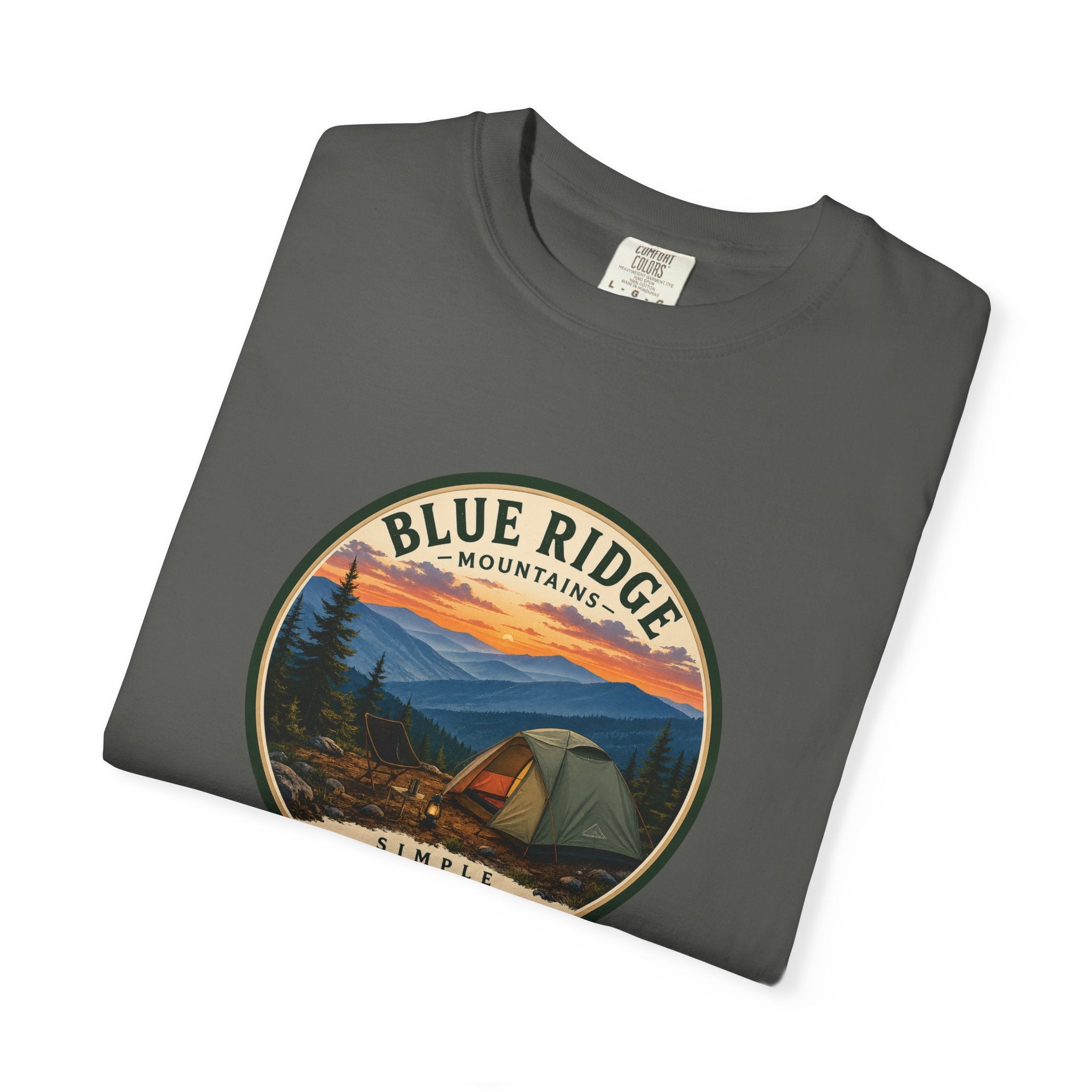 Blue Ridge Mountains Camping T-Shirt — Vintage Scenic Camp Graphic