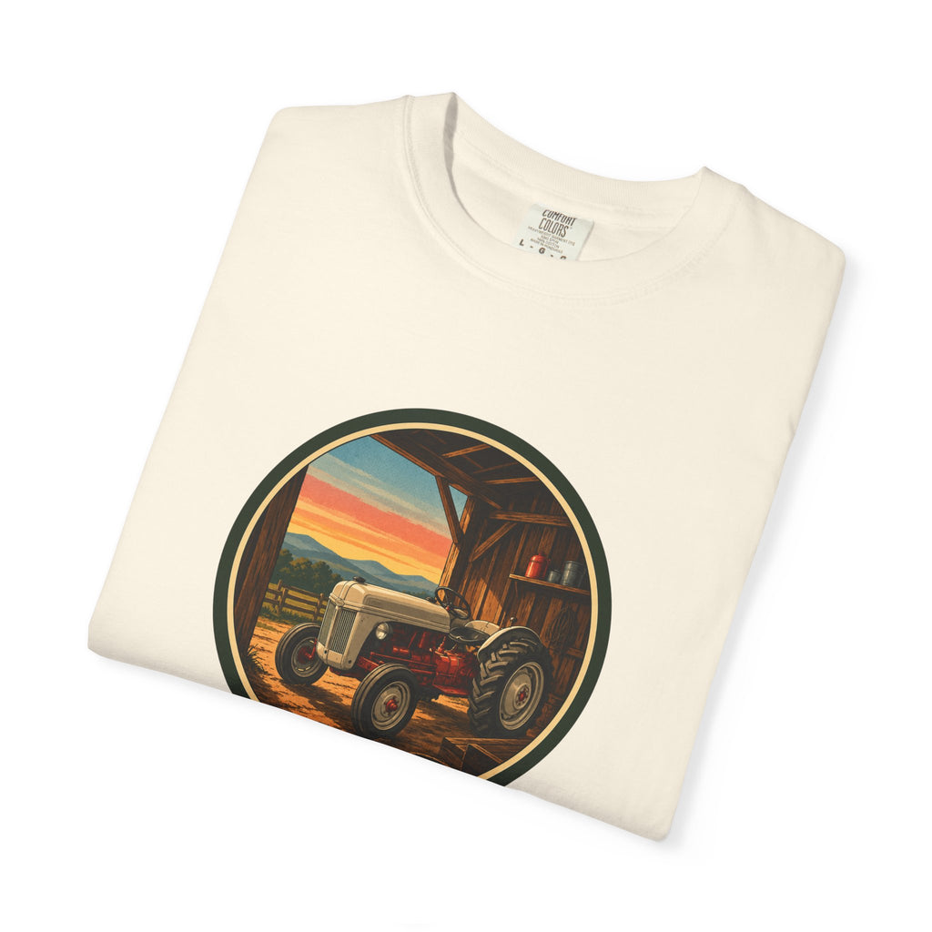 Vintage Tractor Circle T-Shirt — Rustic Farmstead Sunset Tee