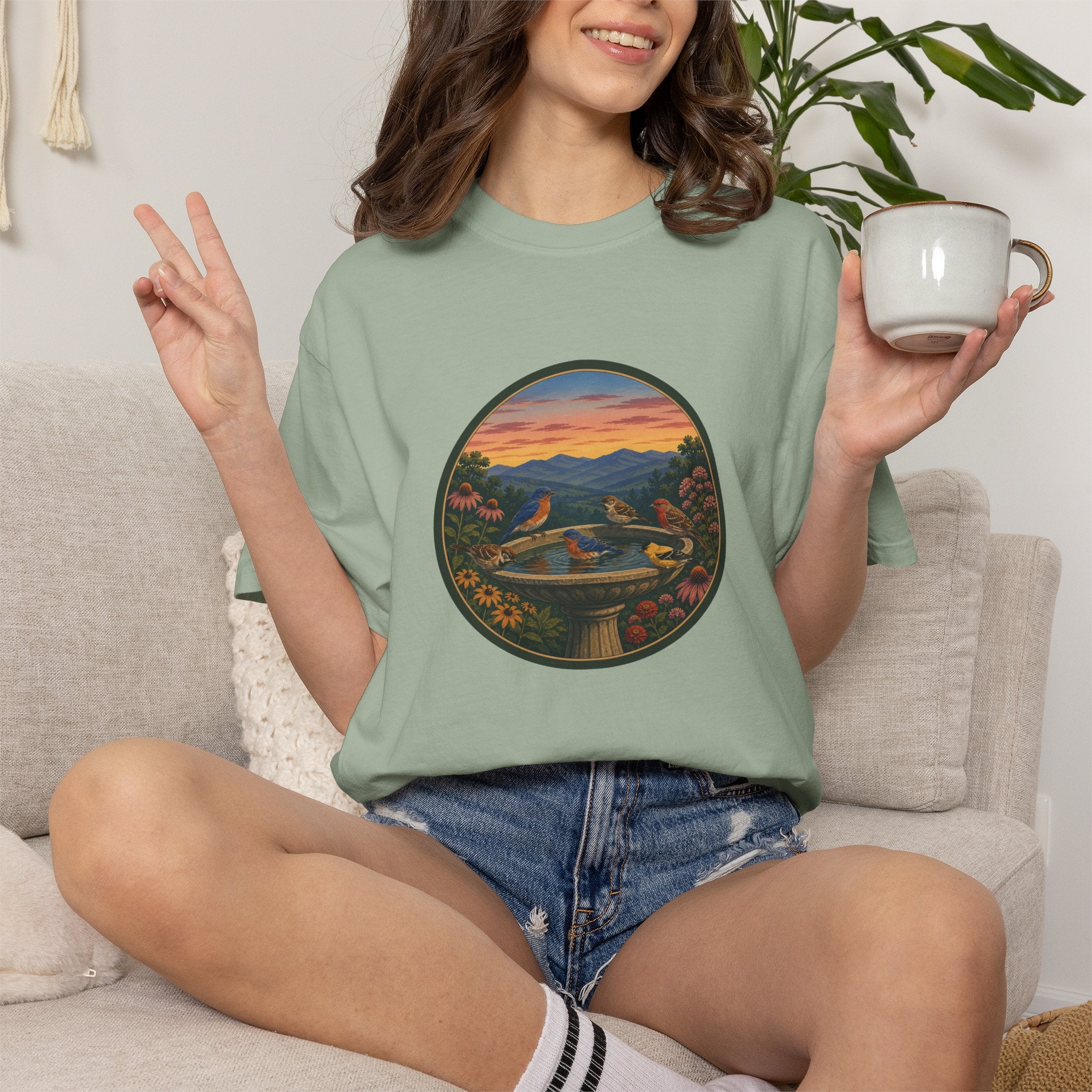 Sunset Garden Tee — Vintage Birdbath Landscape T-Shirt