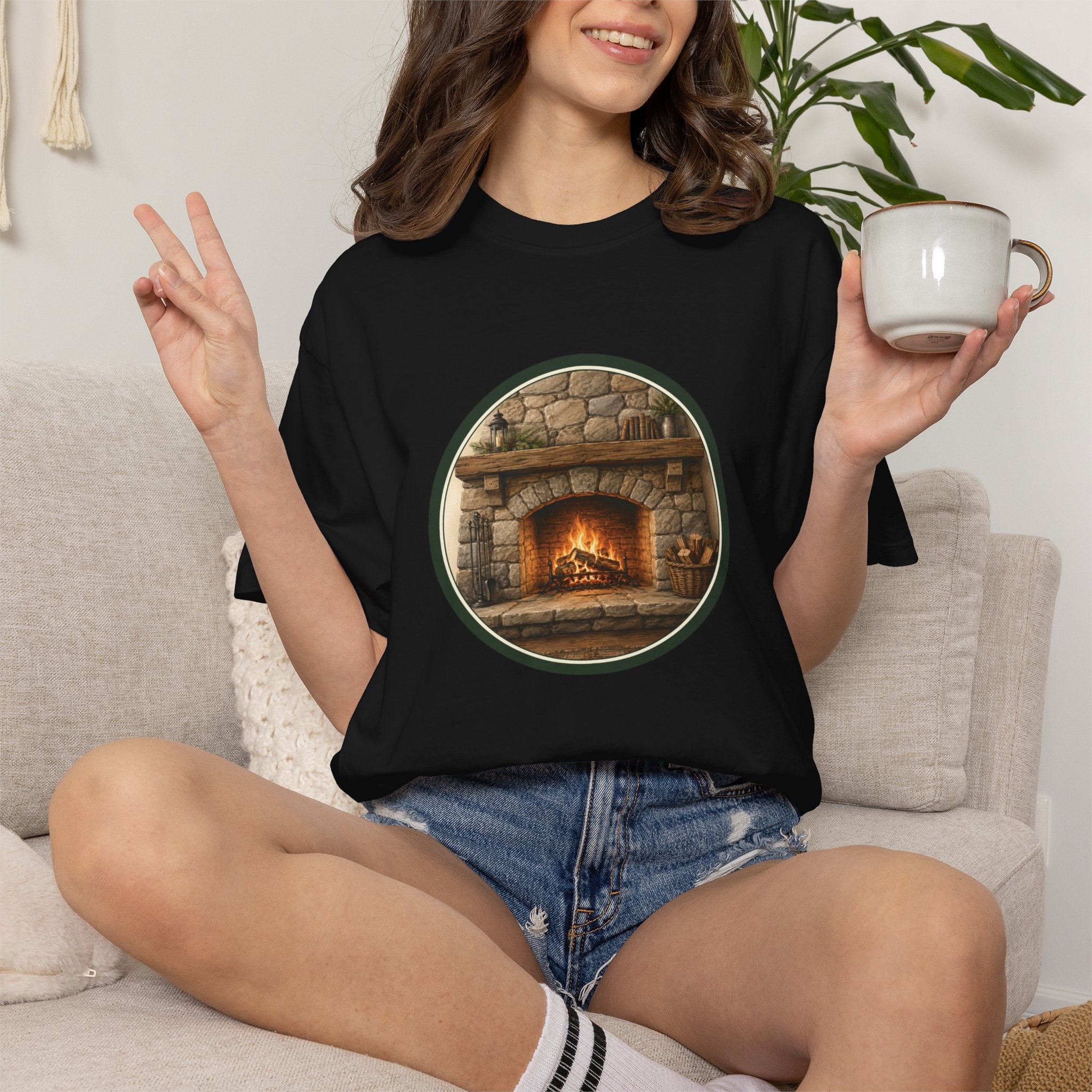 Cozy Fireplace Graphic T-Shirt — Vintage Hearth Circle Design