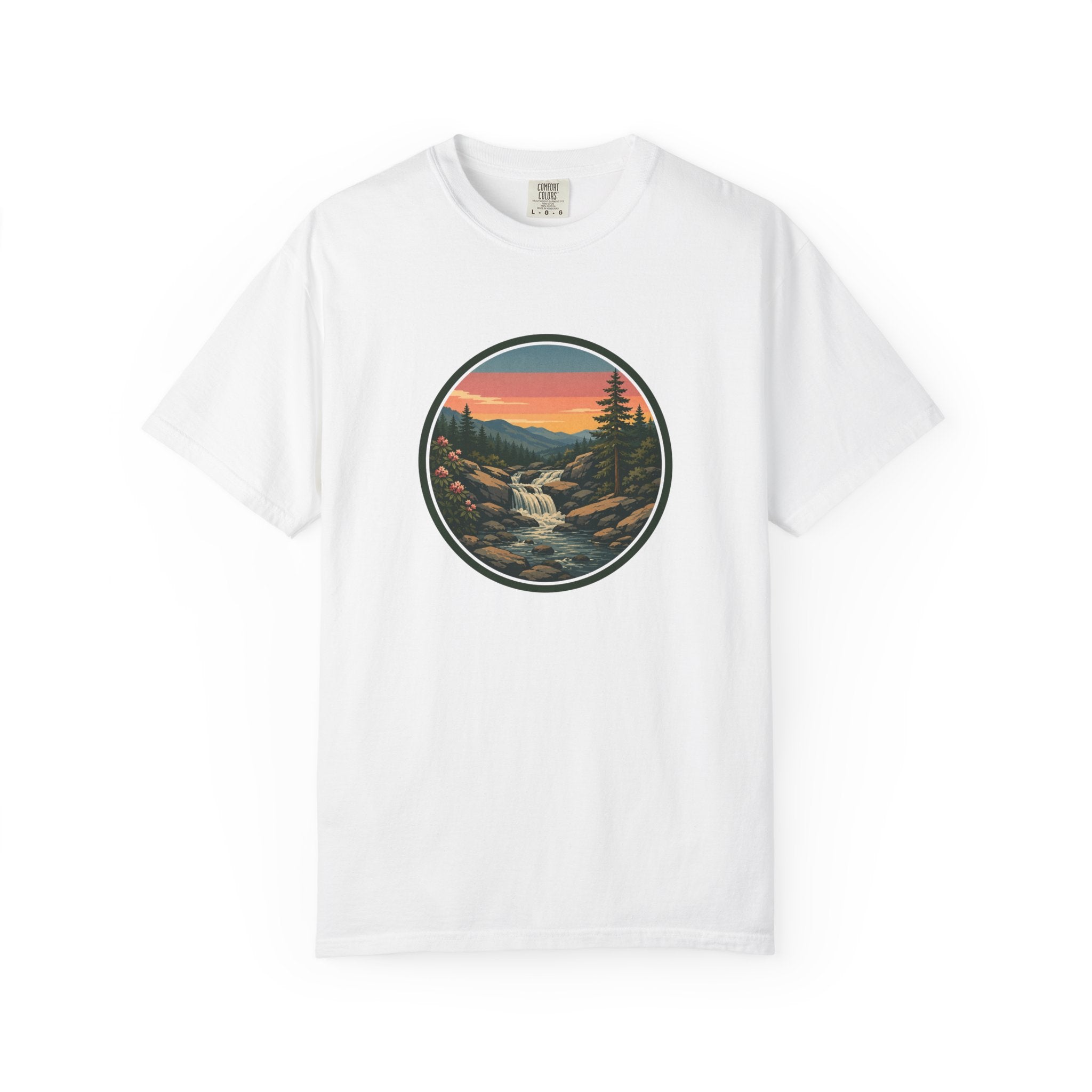 Scenic Waterfall T‑Shirt — Sunset Wilderness Nature Graphic