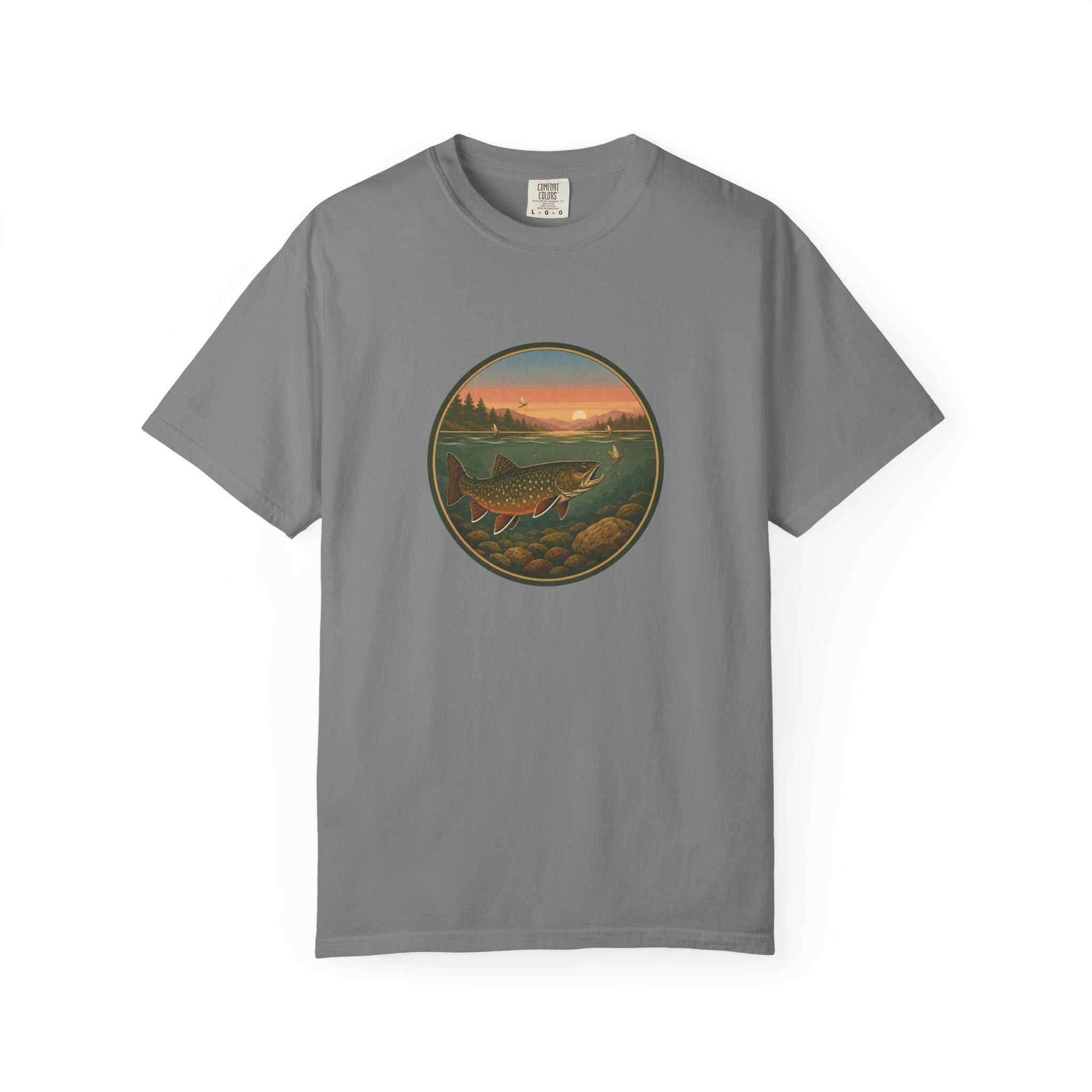 Brook Trout Sunset Fishing T-Shirt — Vintage River Scene Tee