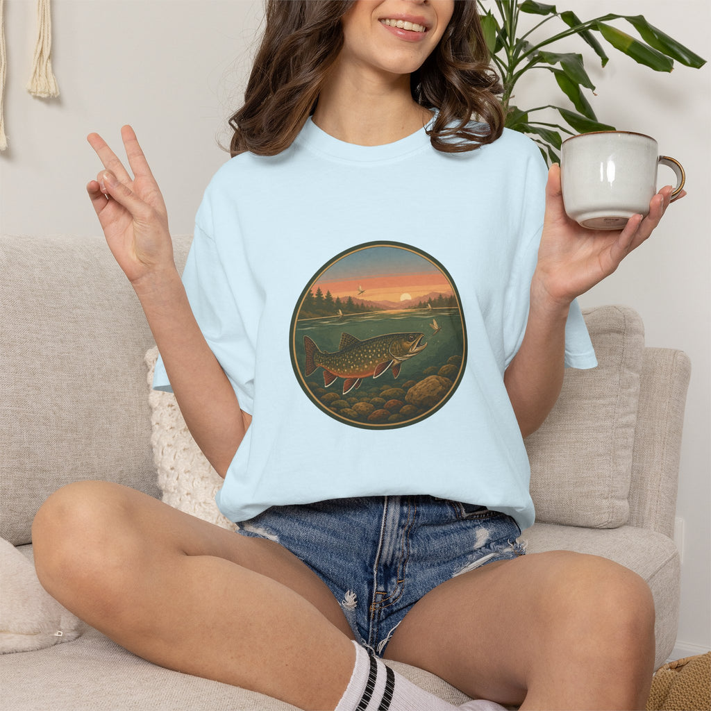 Brook Trout Sunset Fishing T-Shirt — Vintage River Scene Tee