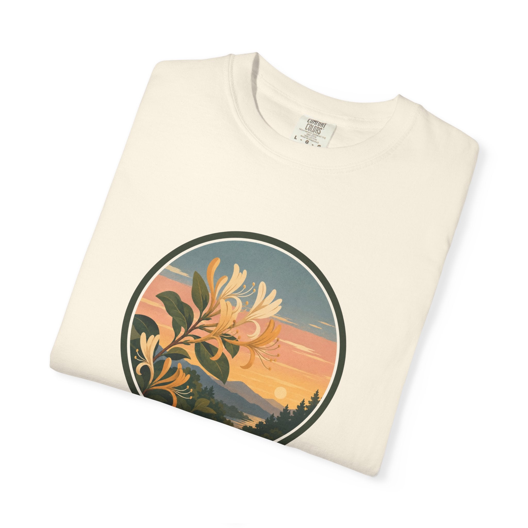Sunset Honeysuckle T-Shirt — Floral Sunset Circle Graphic Tee