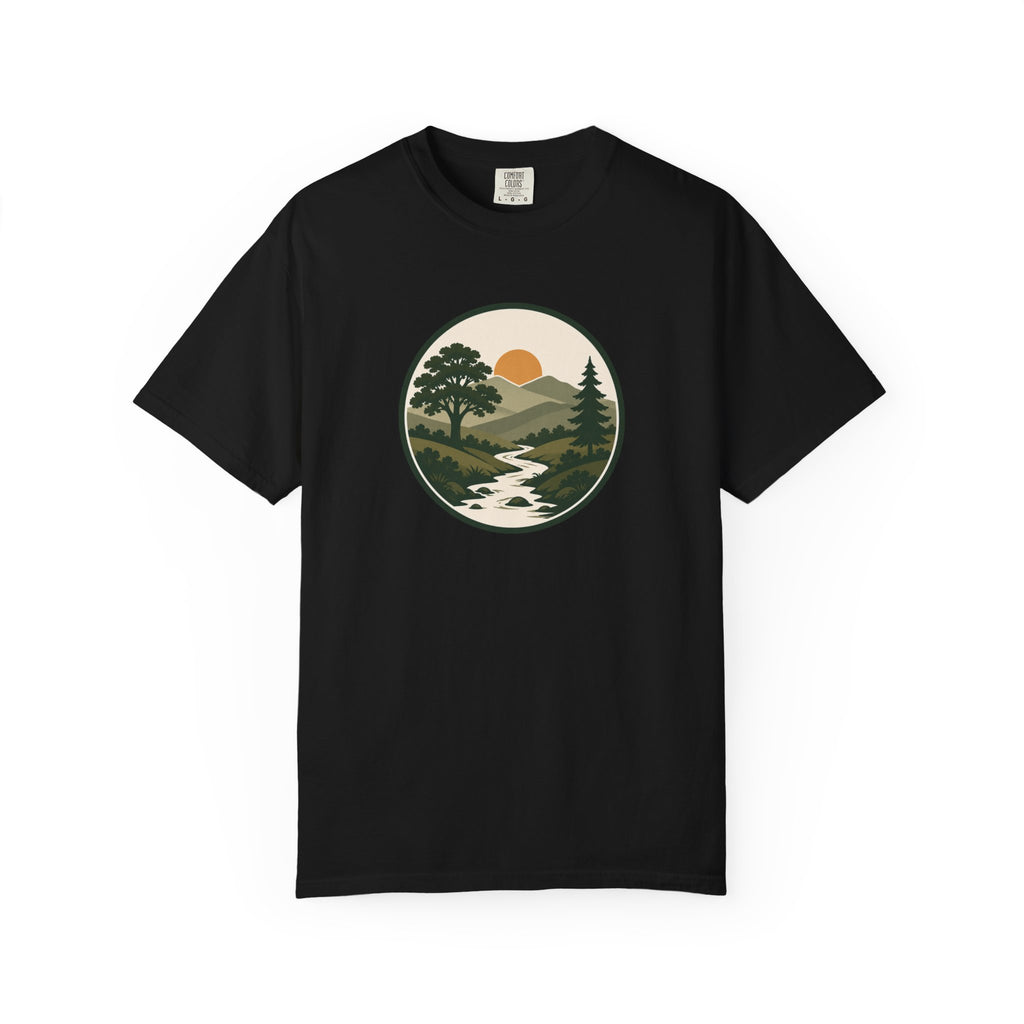 Simple Goodness Badge T-Shirt — Scenic Mountain Sunset River Design